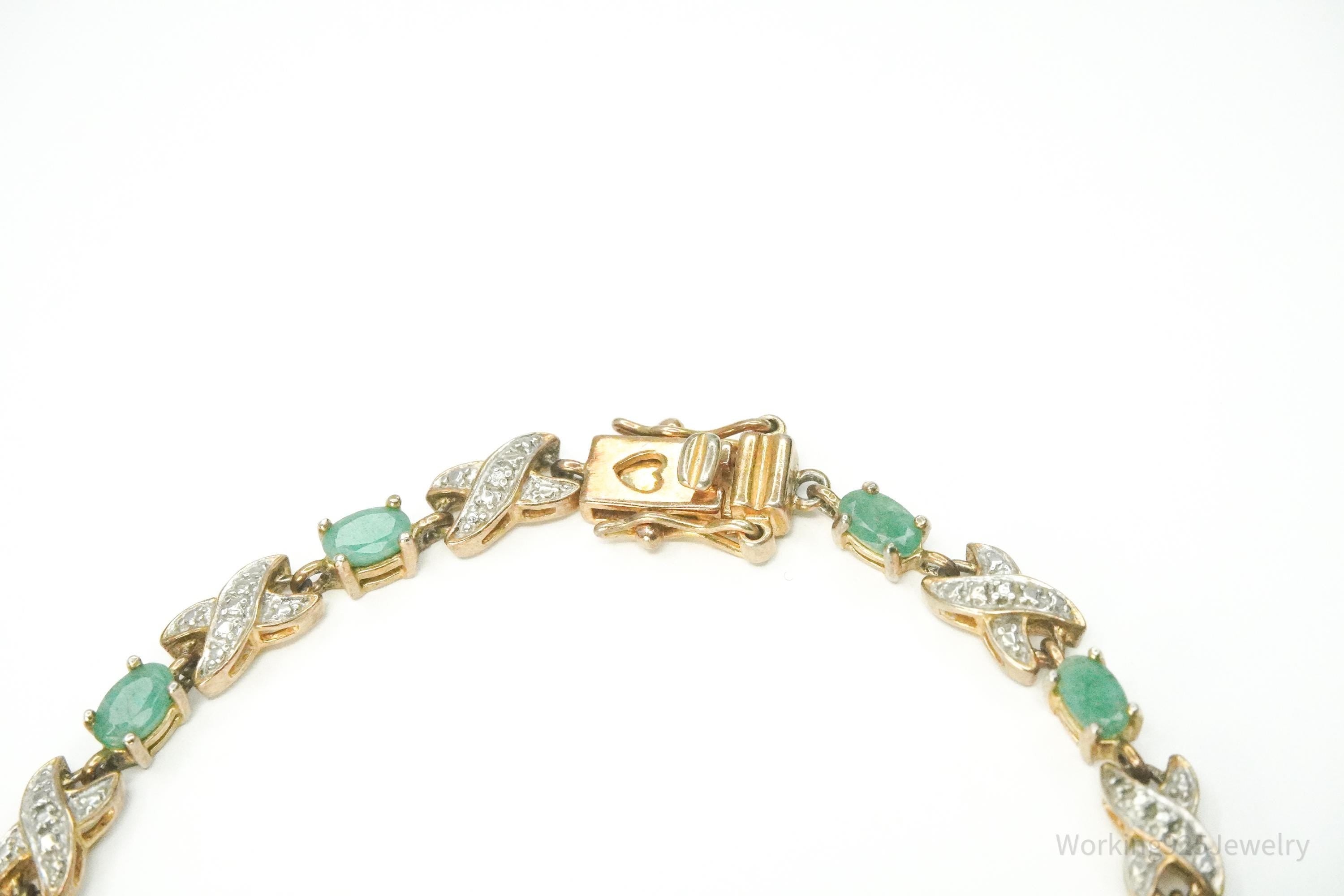 VTG Ross Simons Emerald & One Diamond 18K Gold Vermeil Sterling Silver Bracelet 7.75"