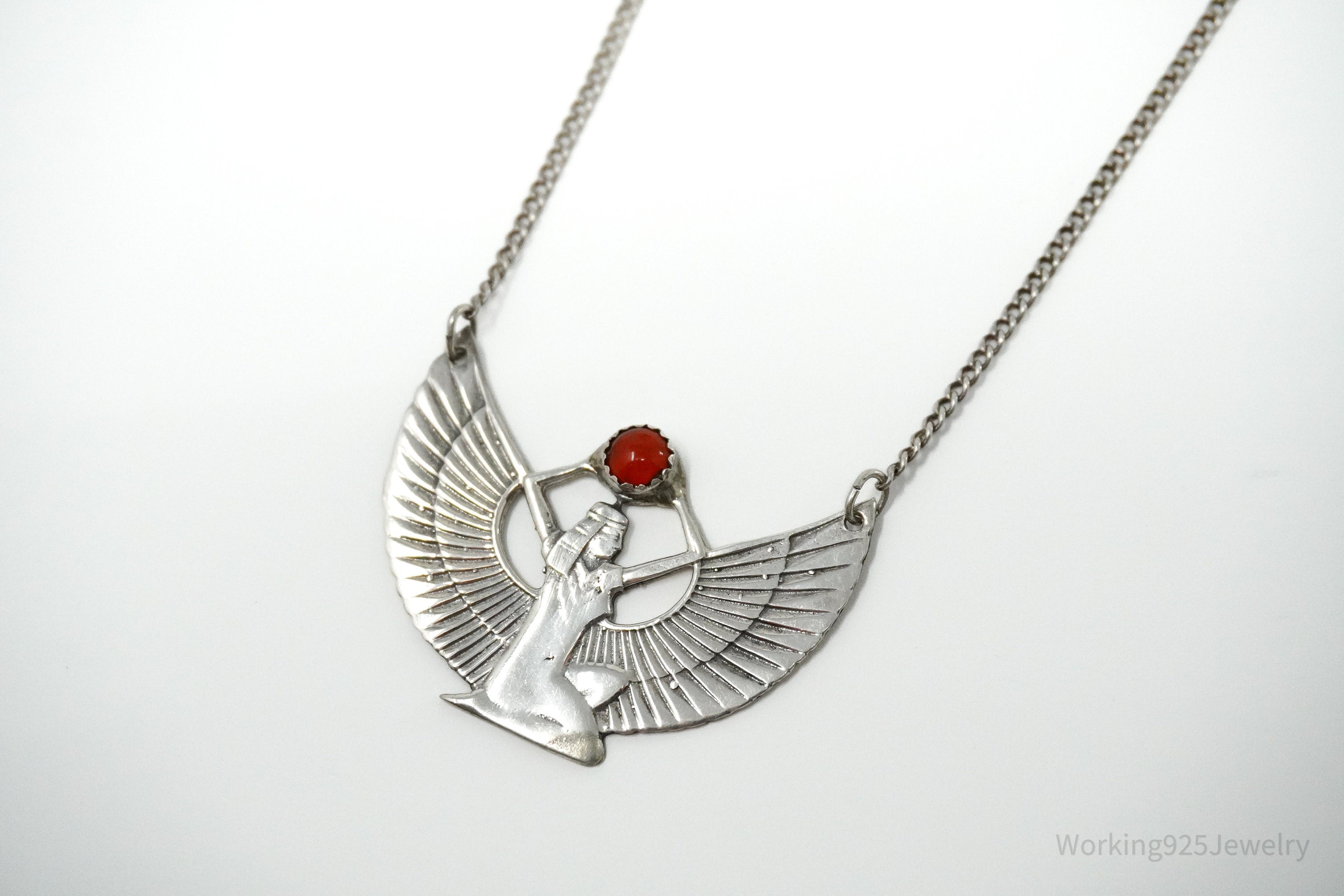 Vintage Egyptian Winged Goddess Isis Red Stone Sterling Silver Necklace 16"