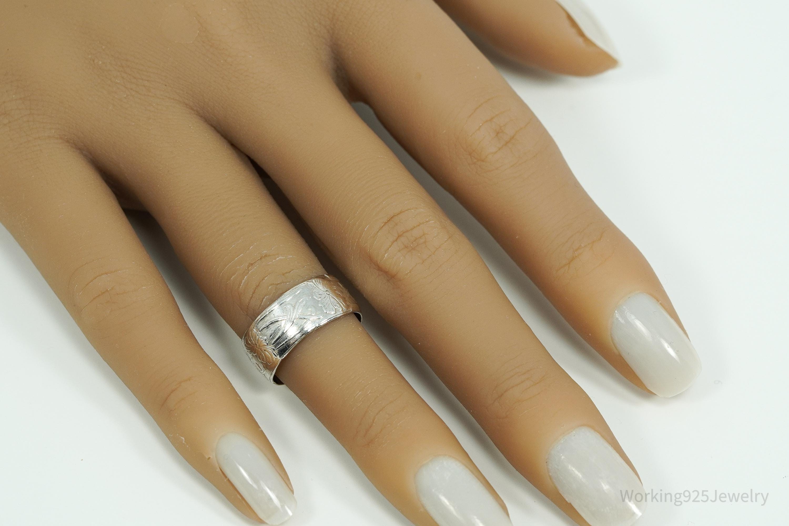 Antique Art Nouveau Style Sterling Silver Band Ring - Size 5.75