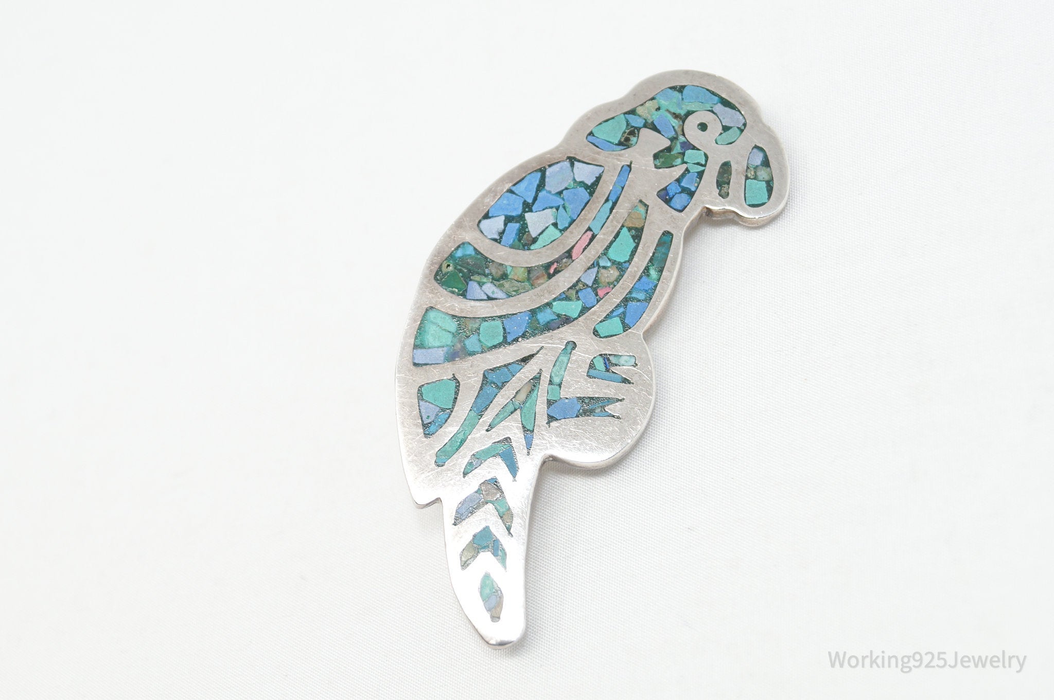 Vintage Mexican Turquoise Mosaic Inlay Parrot Sterling Silver Brooch Pin