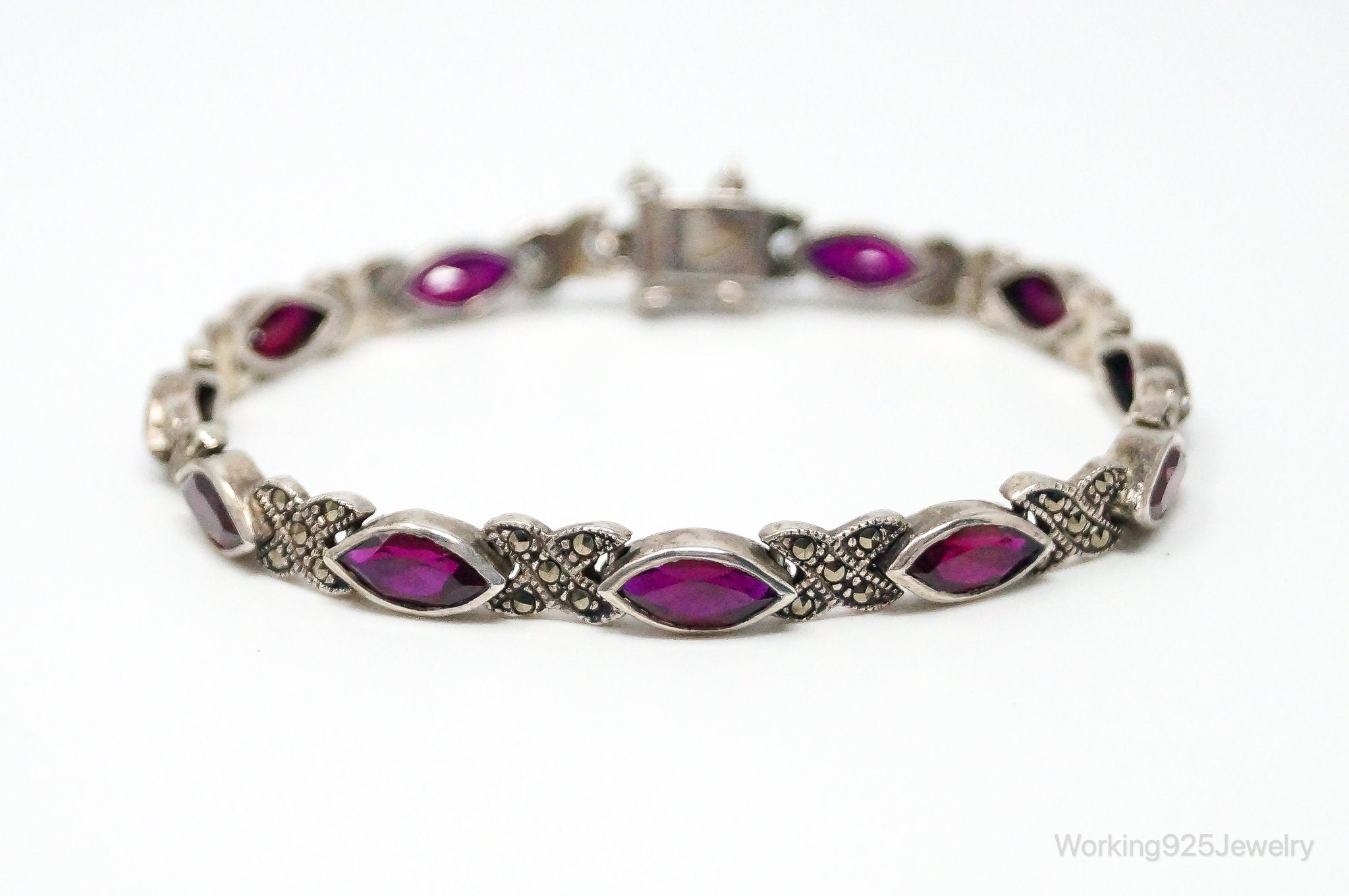 Vintage Rhodolite Garnet Marcasite Sterling Silver Bracelet