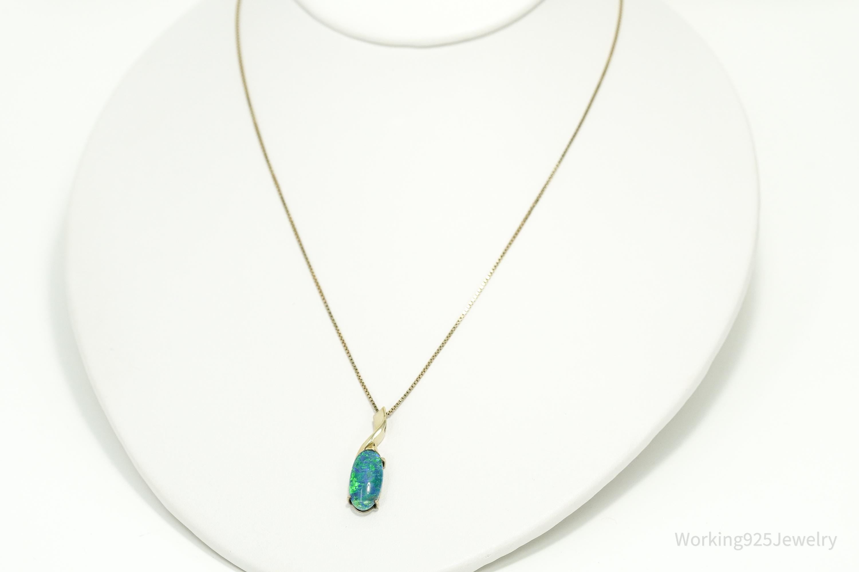 Vintage Blue Opal Triplet Gold Vermeil Sterling Silver Necklace 18"