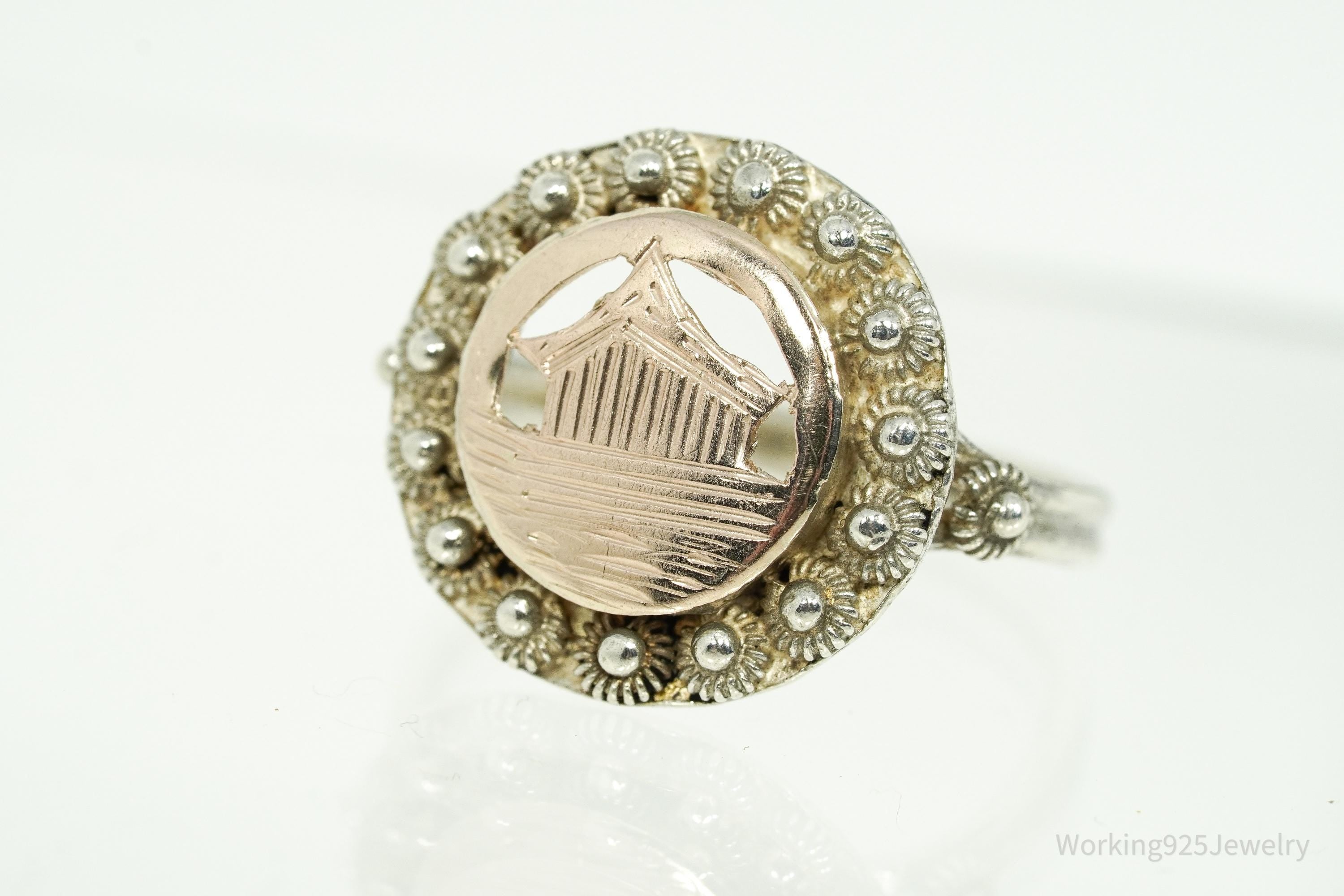 Vintage Cannetille Two Tone Silver Ring - Size 8