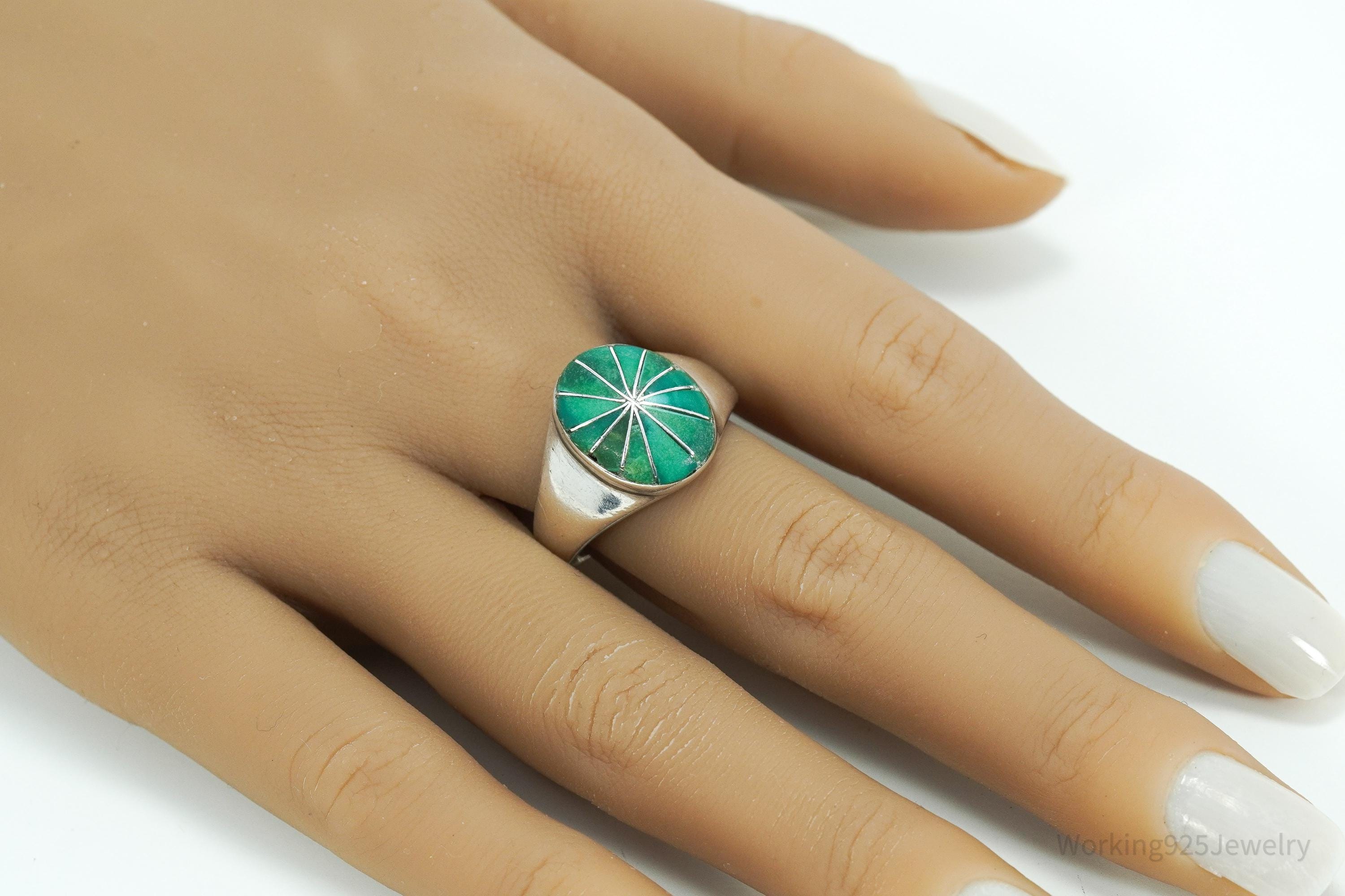 Vintage Handmade Native American Turquoise Inlay Silver Ring - Size 11.25