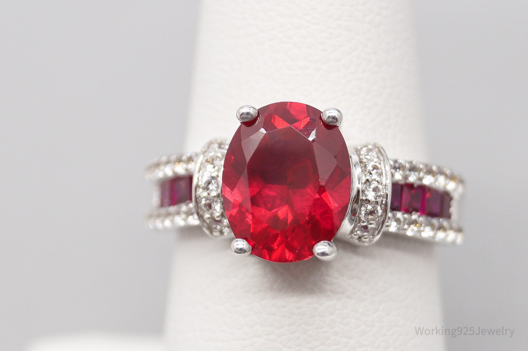 Vintage SUN Lab Ruby & White Topaz Sterling Silver Ring - Size 7.25