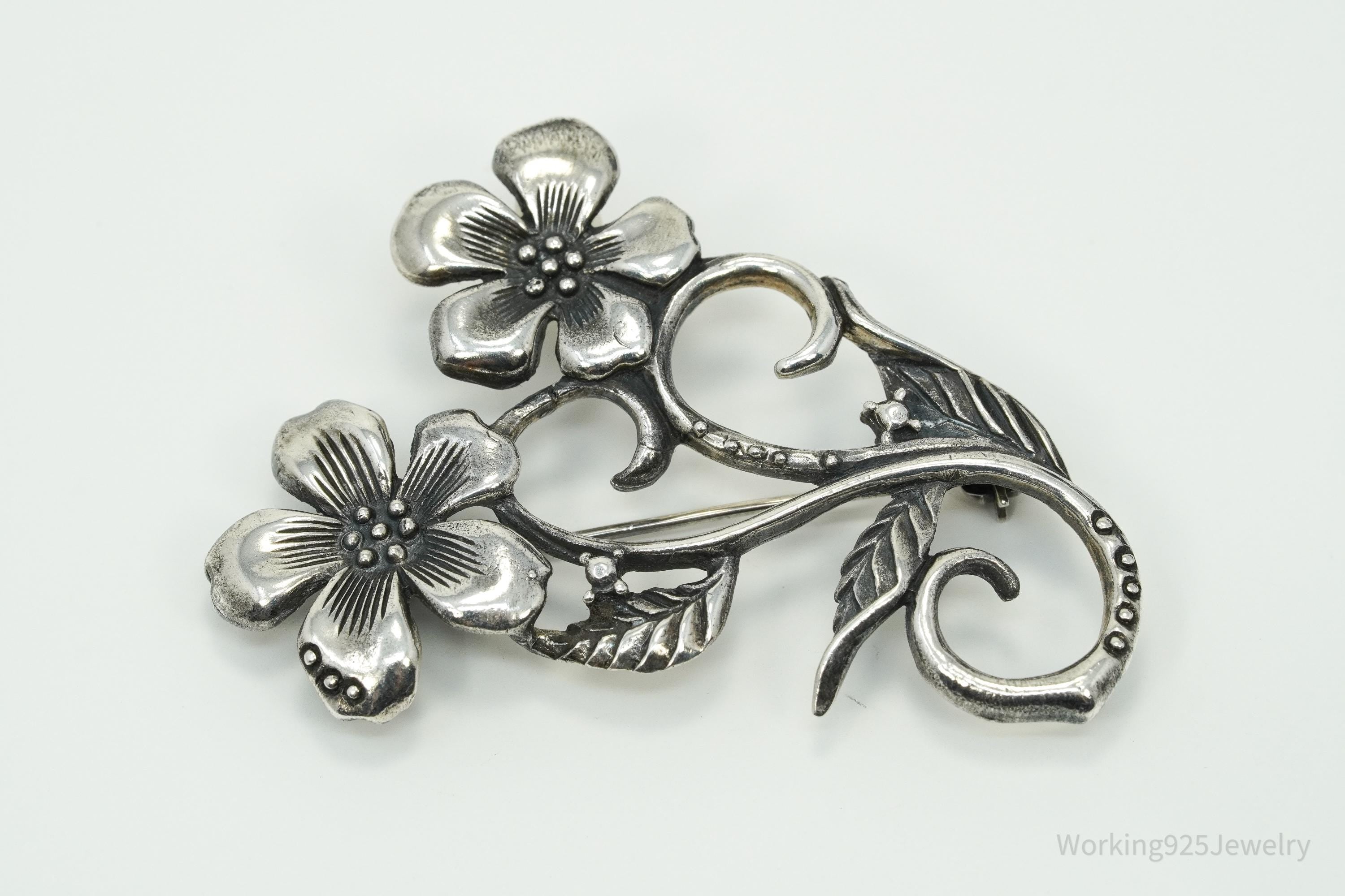 Vintage Floral Sterling Silver Brooch Pin
