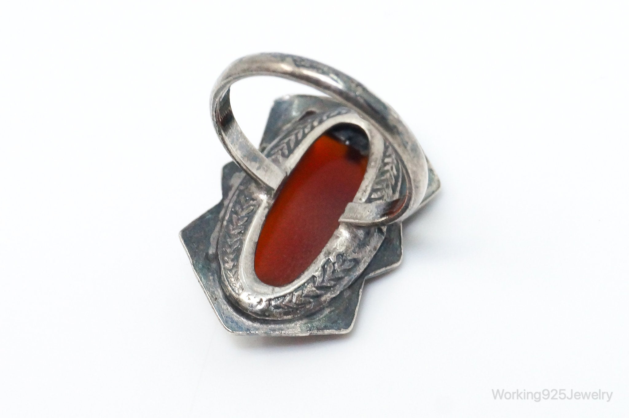 Antique Victorian Carnelian Marcasite Sterling Silver Ring - SZ 4.75