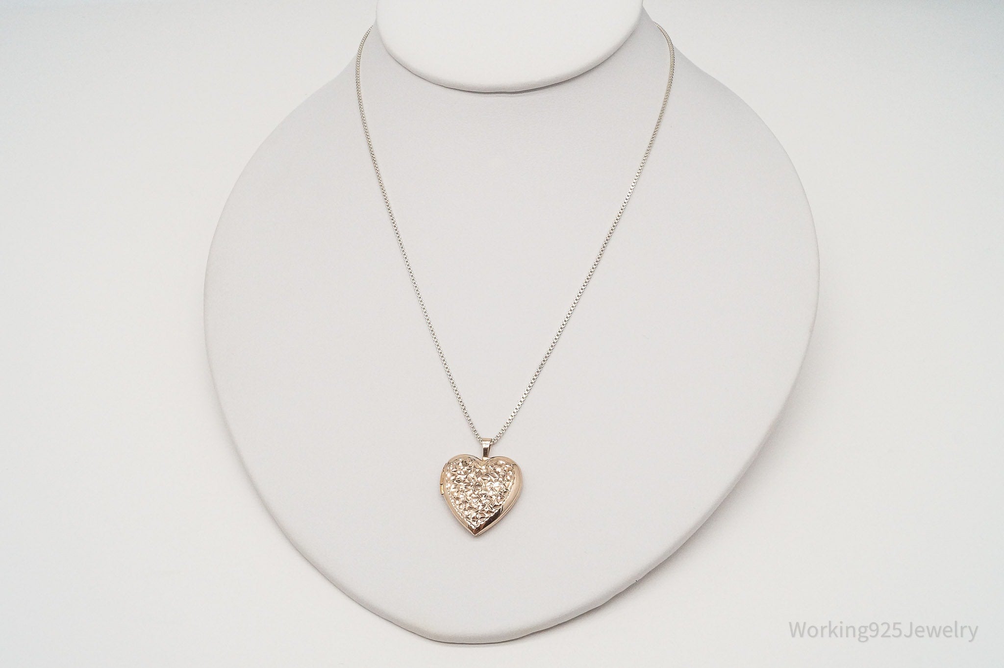 Vintage Heart Picture Locket Rose Gold Vermeil Sterling Silver Necklace 20"