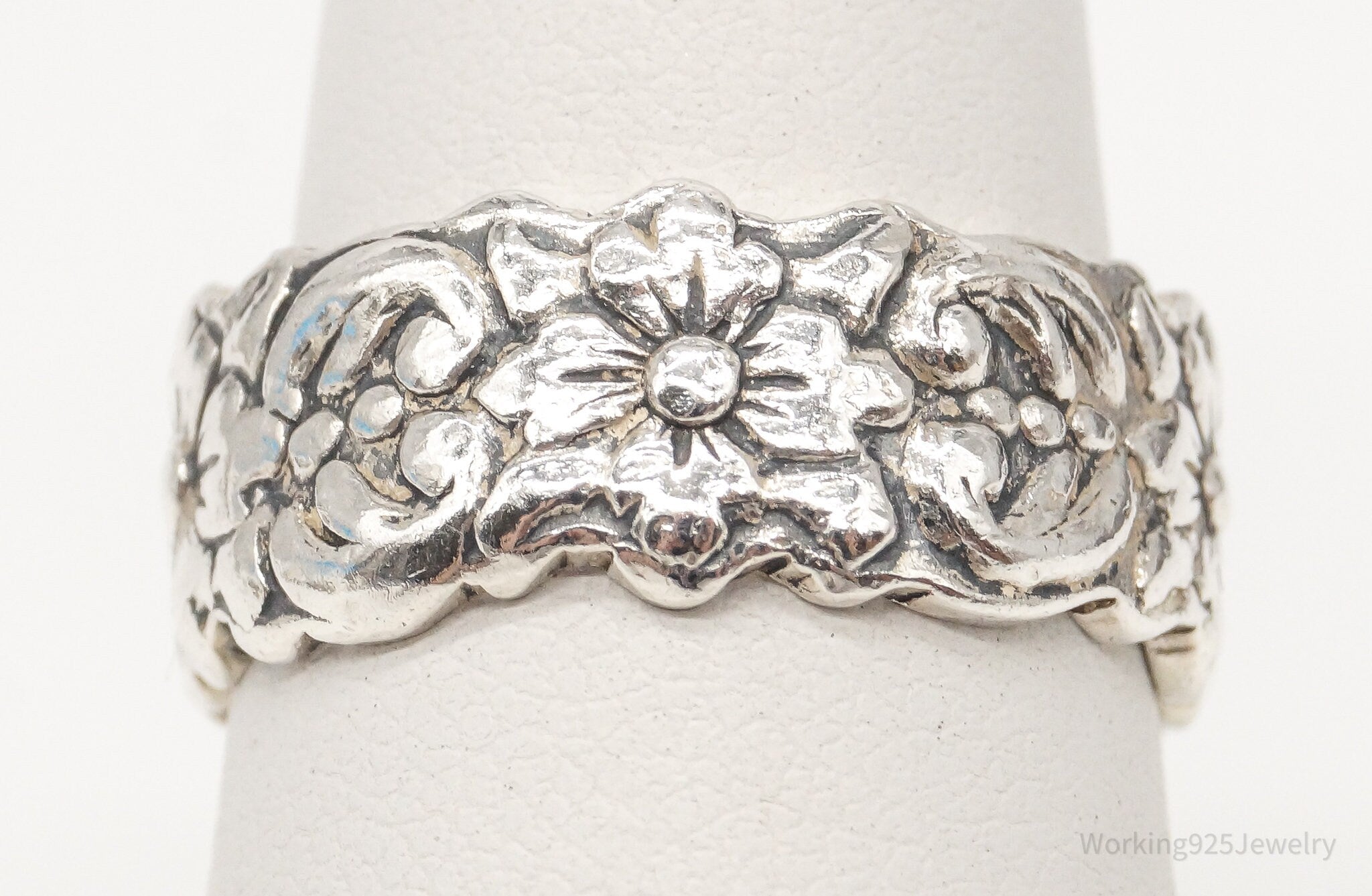 Vintage Mexico Flowers Sterling Silver Band Ring - Size 6.5