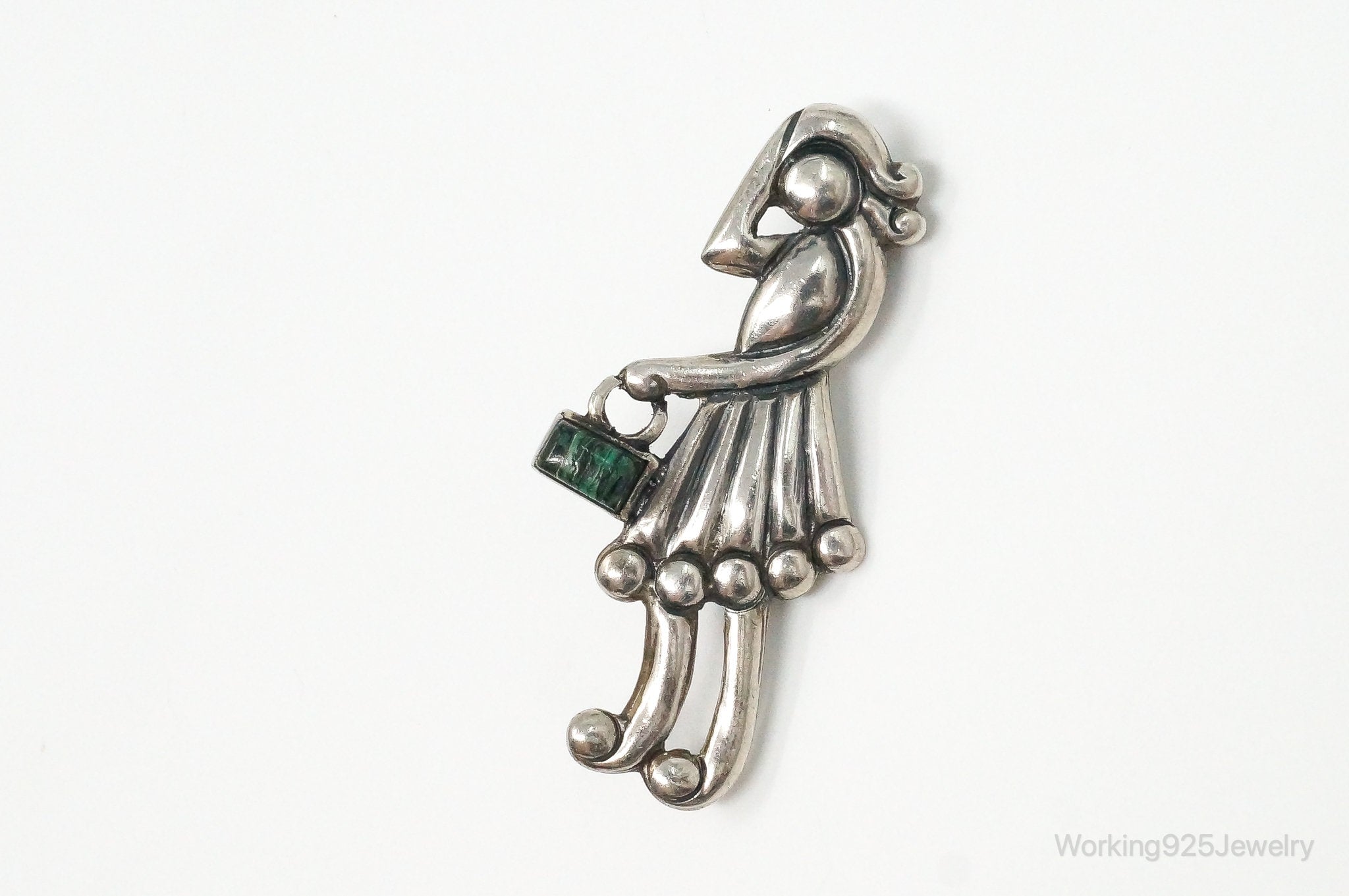 Vintage Taxco Mexico Turquoise Girl With Purse Silver Brooch Pin