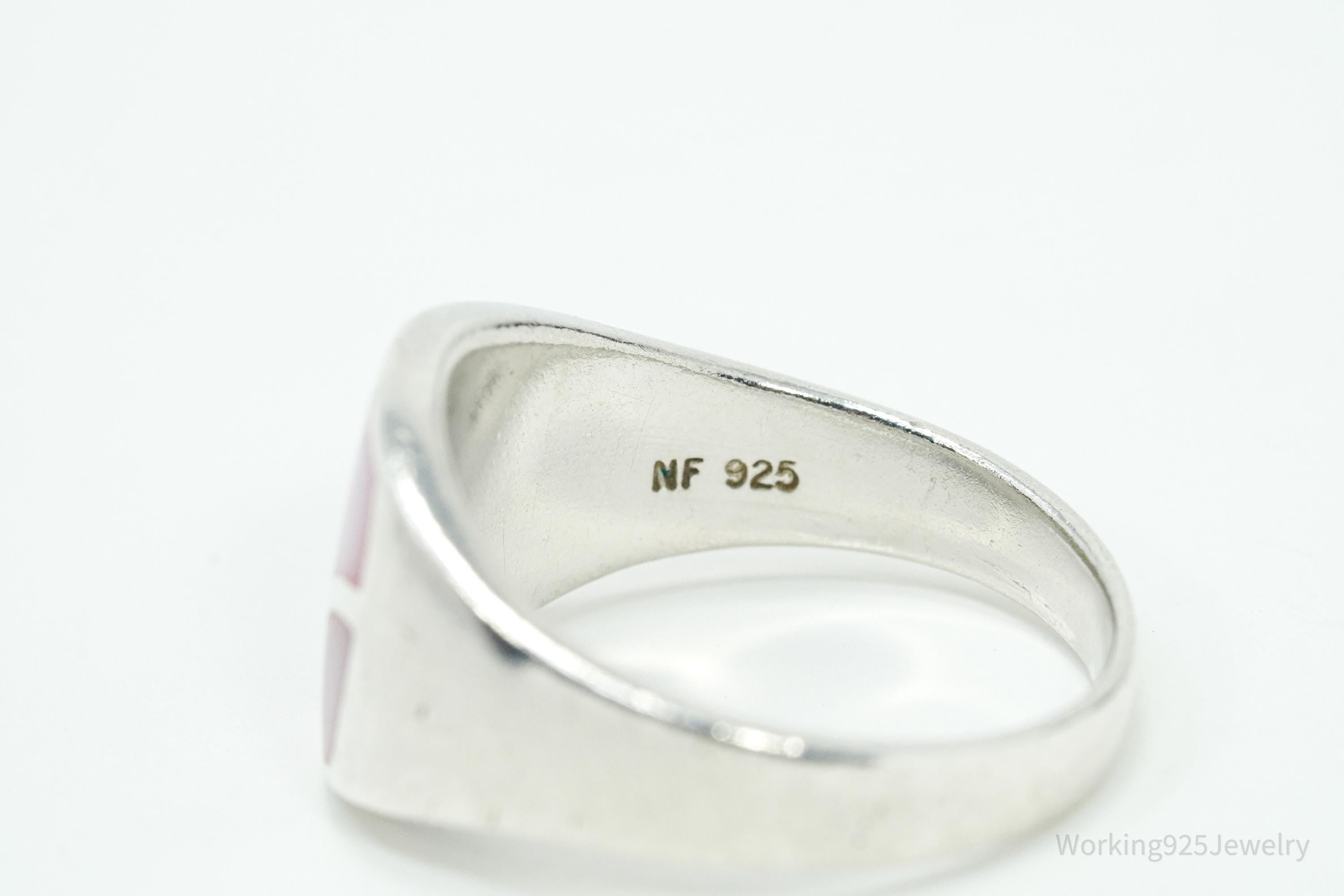 Vintage Pink Mother Of Pearl Inlay Sterling Silver Ring - Size 7.75