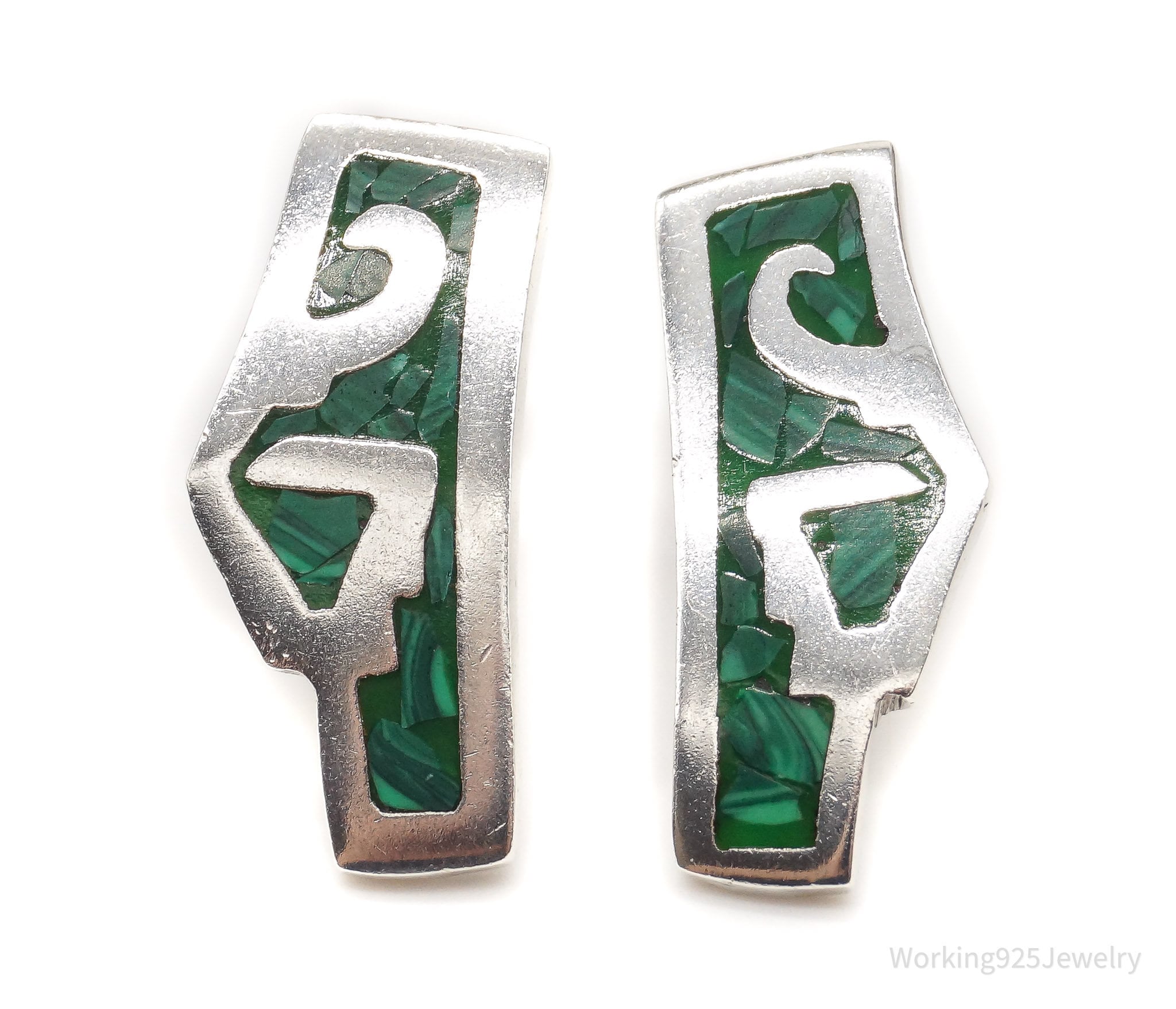 Vintage Mexico Malachite Modernist Sterling Silver Earrings