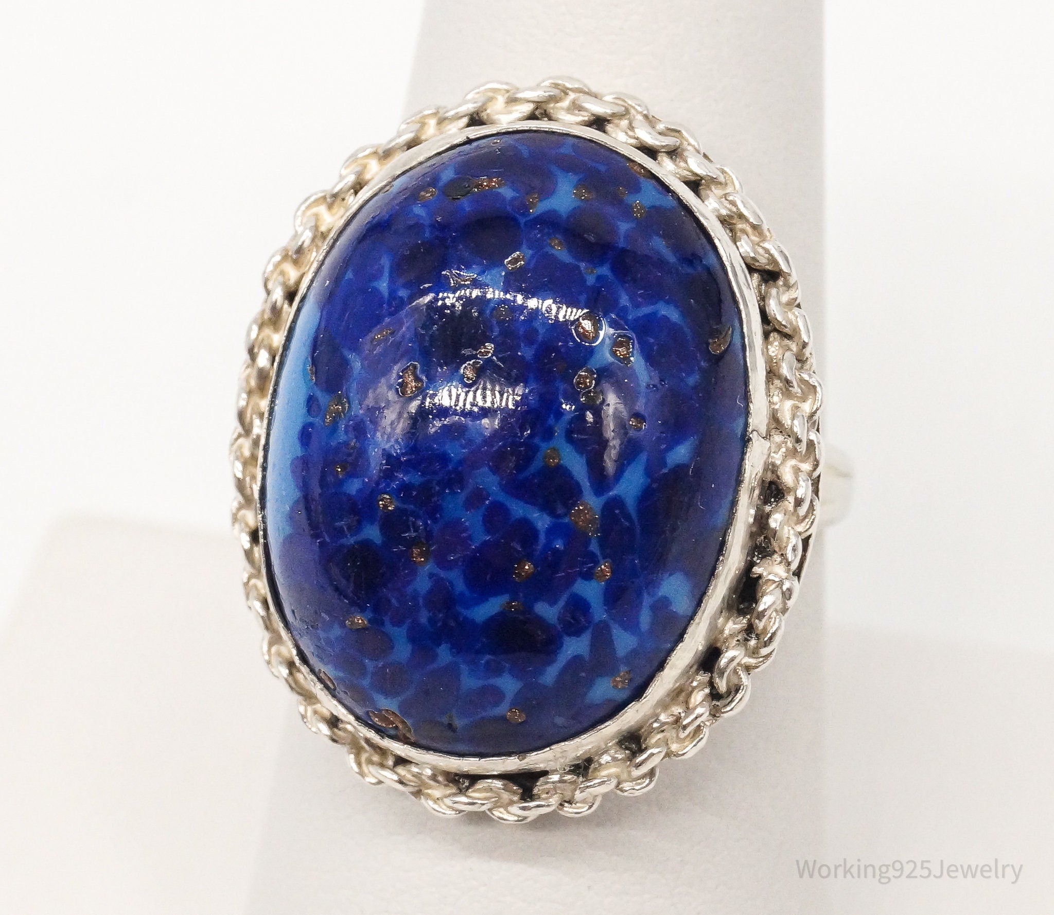 Vintage Large Blue Art Glass 950 Silver Statement Ring - Size 7.75