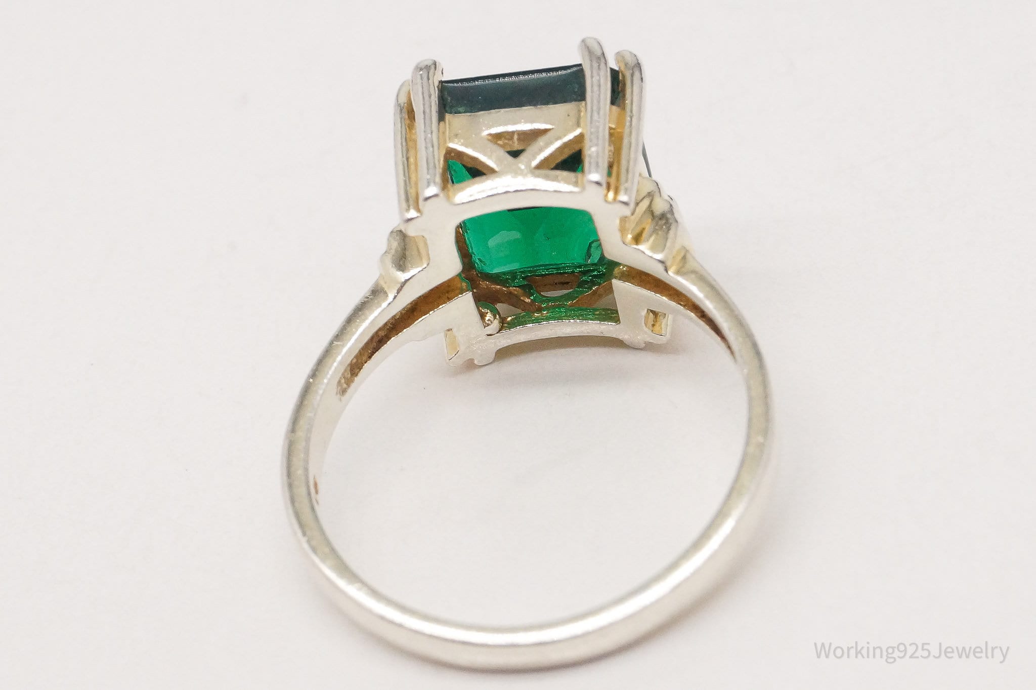 Vintage Lab Emerald Gold Wash Sterling Silver Ring Size 7