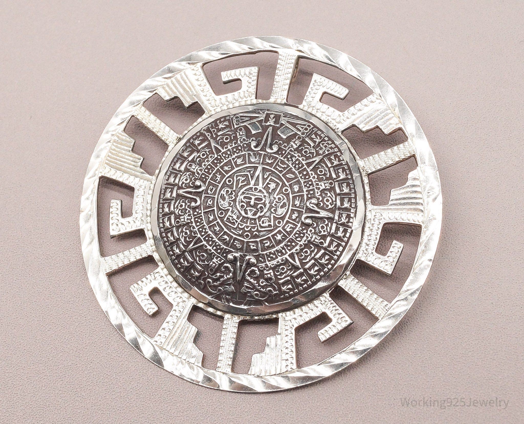 Vintage Large Mexico Mayan Calendar Sterling Silver Pin Brooch Pendant