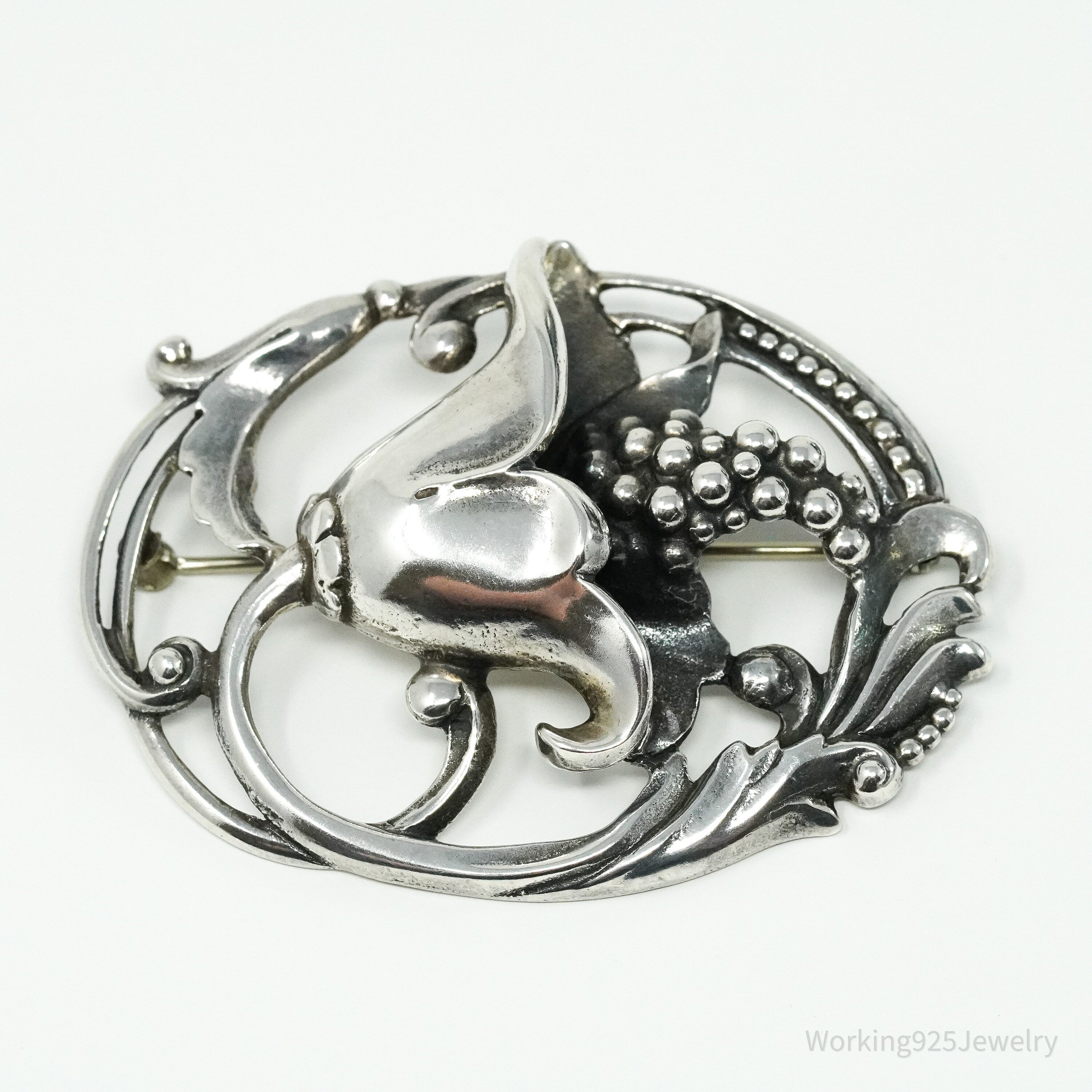 Antique Floral Sterling Silver Brooch Pin 2.5"