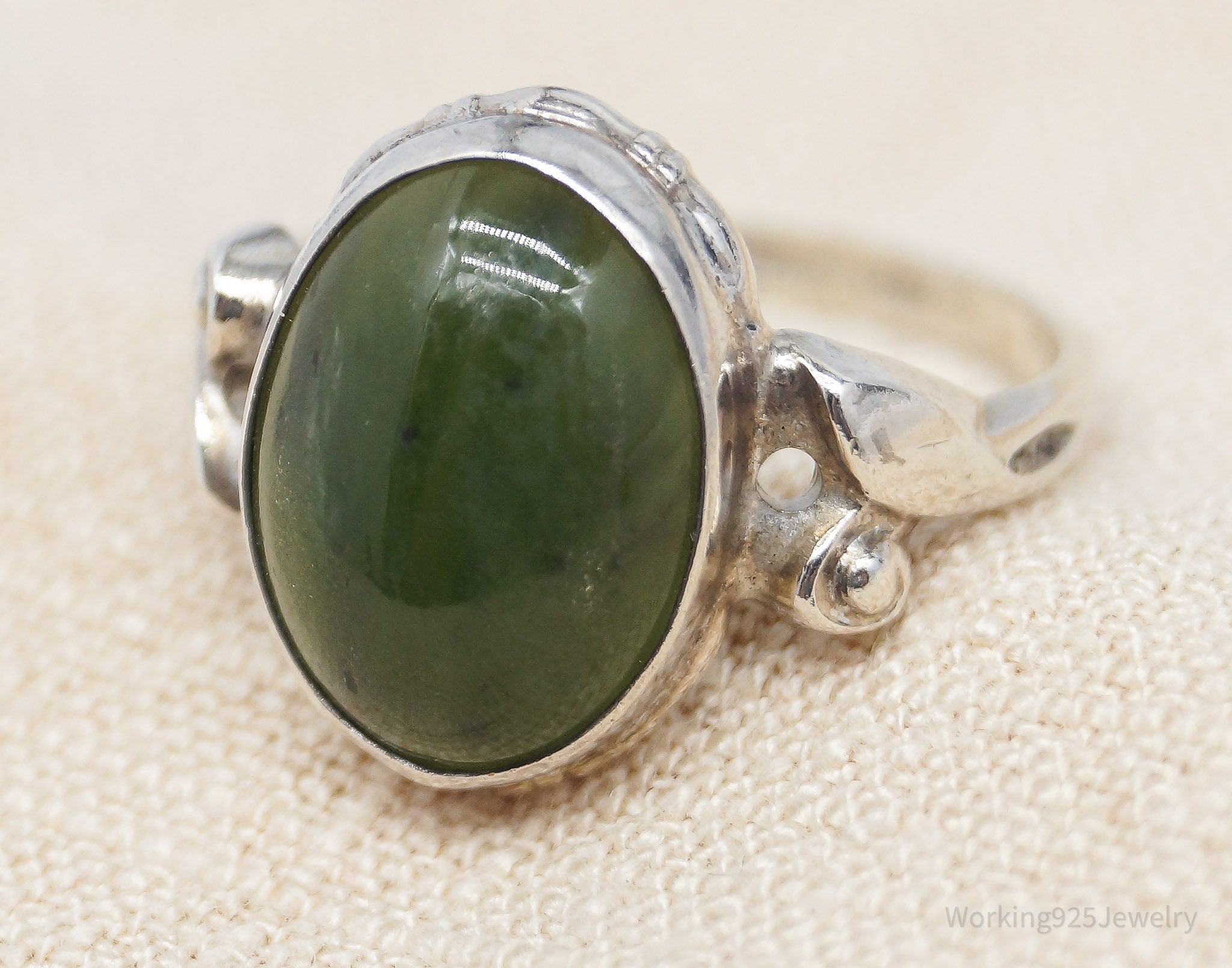 Antique Designer Clark & Coombs Nephrite Jade Sterling Silver Ring - Size 7.75