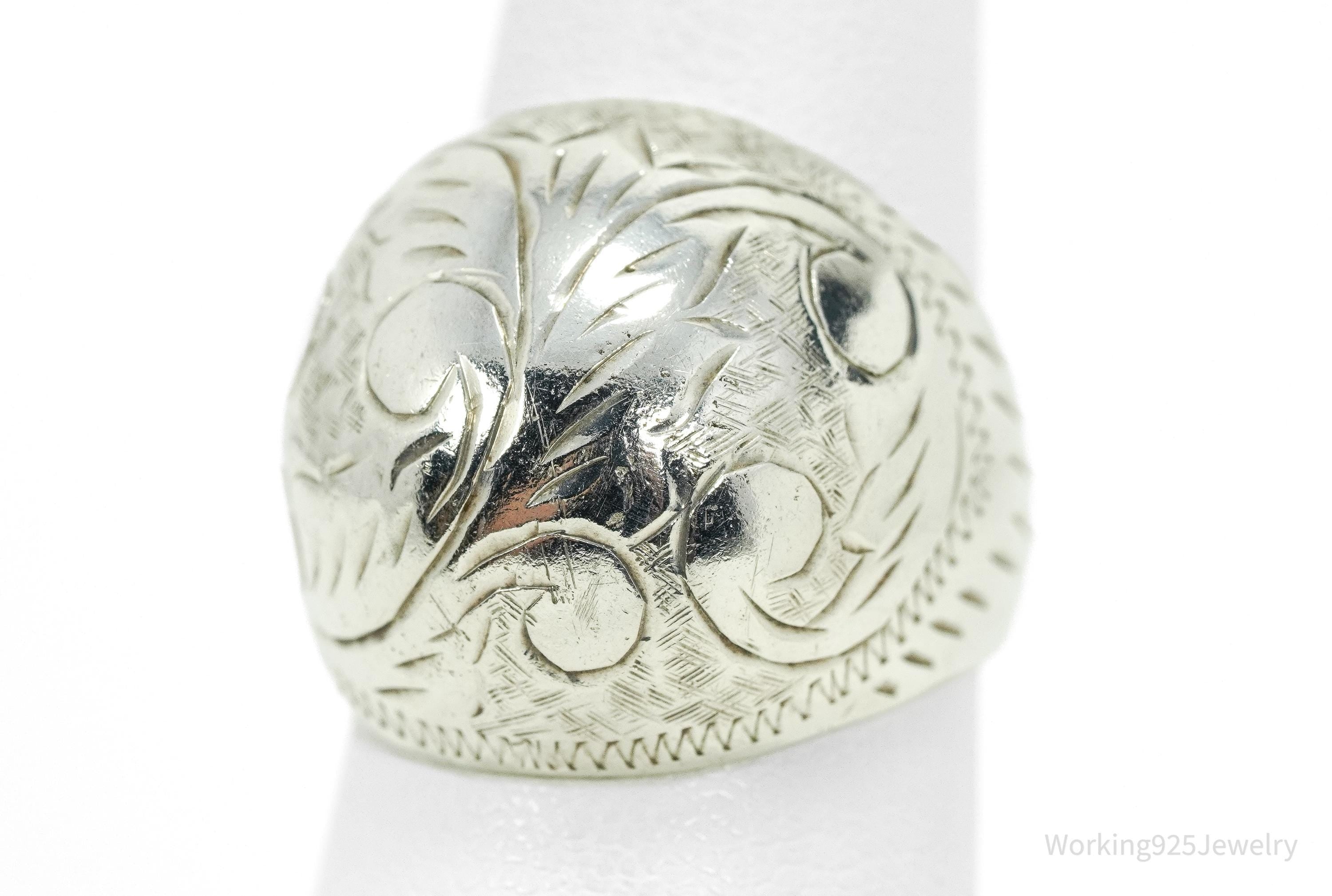 Vintage Floral Swirl Etched Sterling Silver Dome Ring - Size 6.25