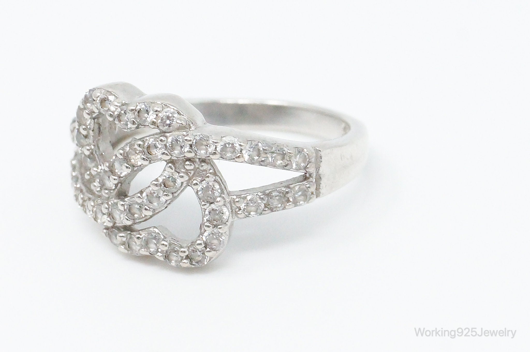 Vintage Cubic Zirconia Linked Hearts Sterling Silver Ring - Size 6