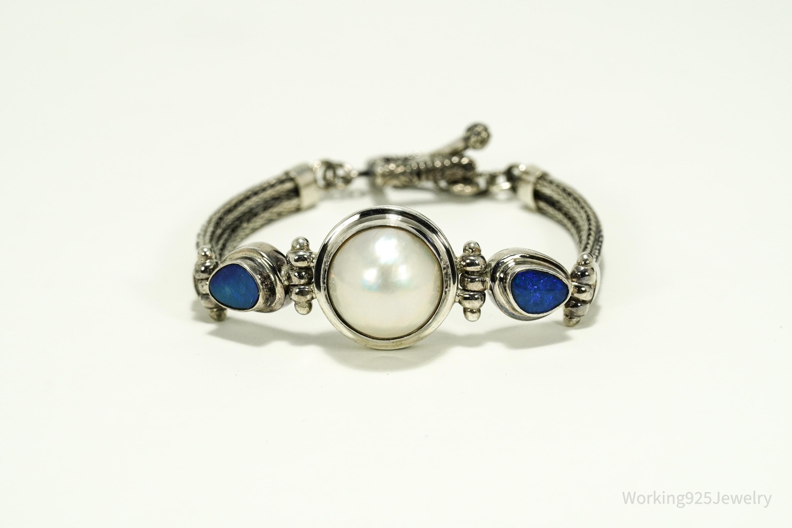 Vintage White Pearl & Opal Sterling Silver Toggle Bracelet 7 1/8"
