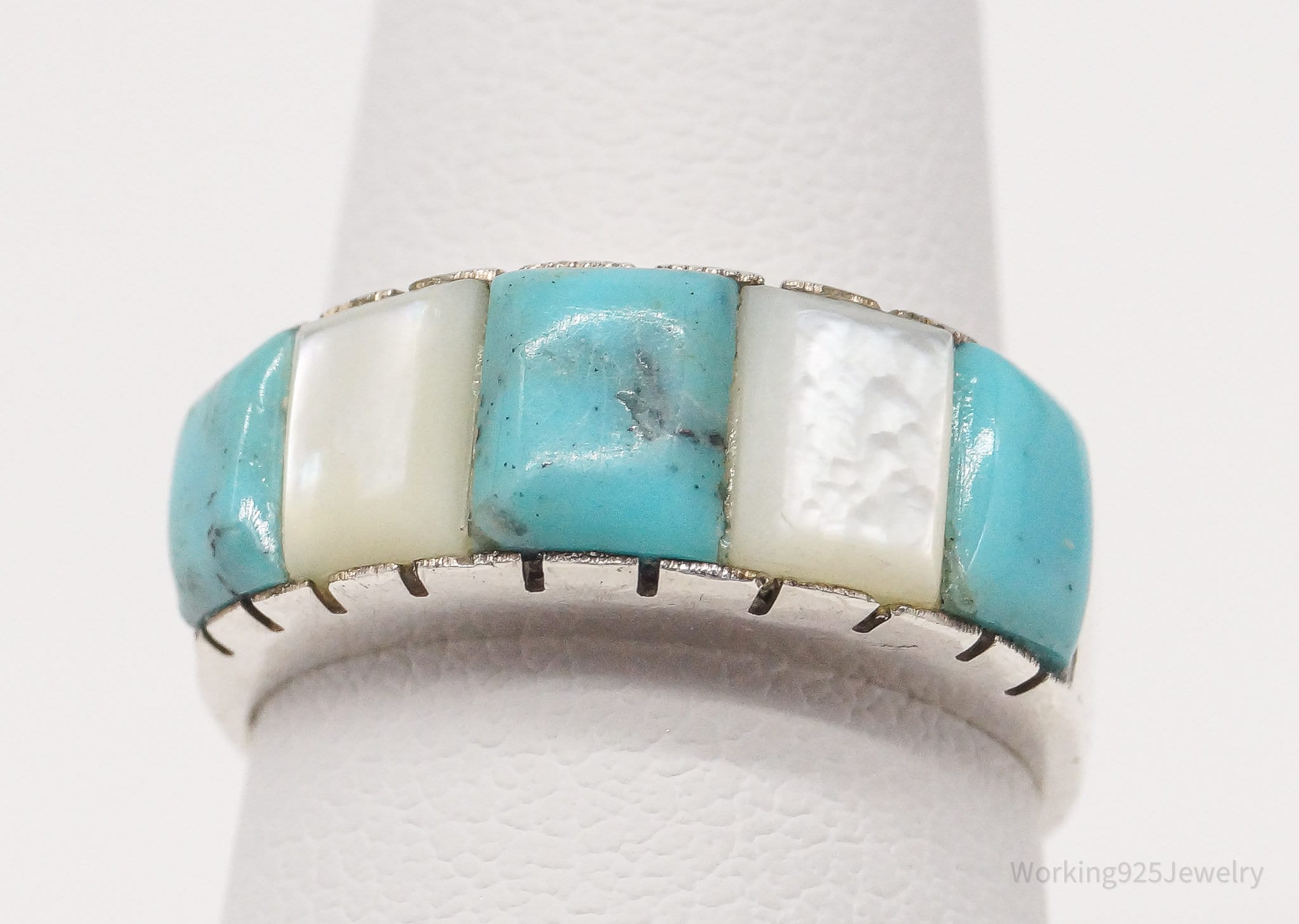 VTG Native American Stewart Tewawina Gem Inlay Sterling Silver Ring SZ 4.75