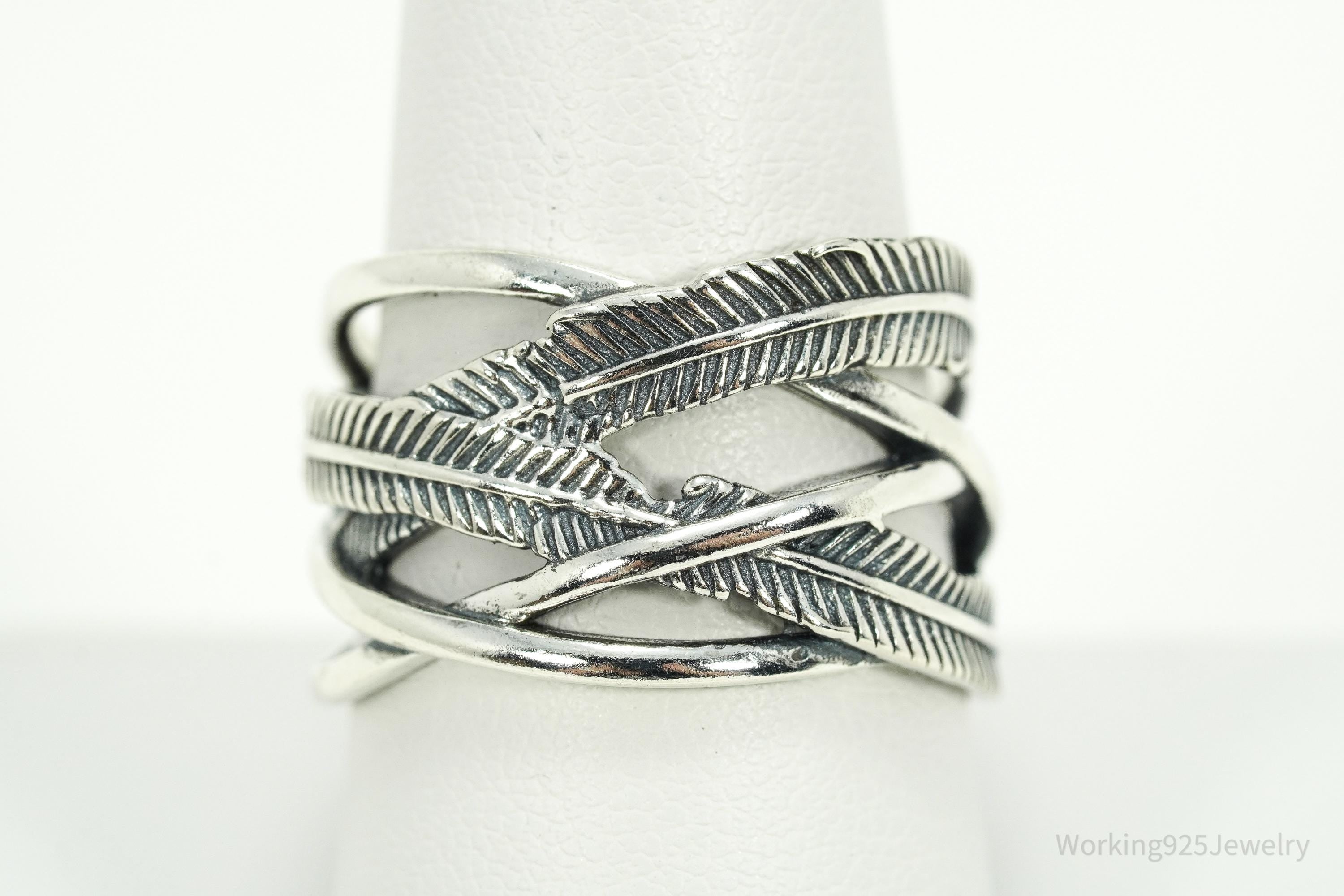 Vintage Feather Wrap Southwestern Sterling Silver Ring - Size 9.25 Adjustable