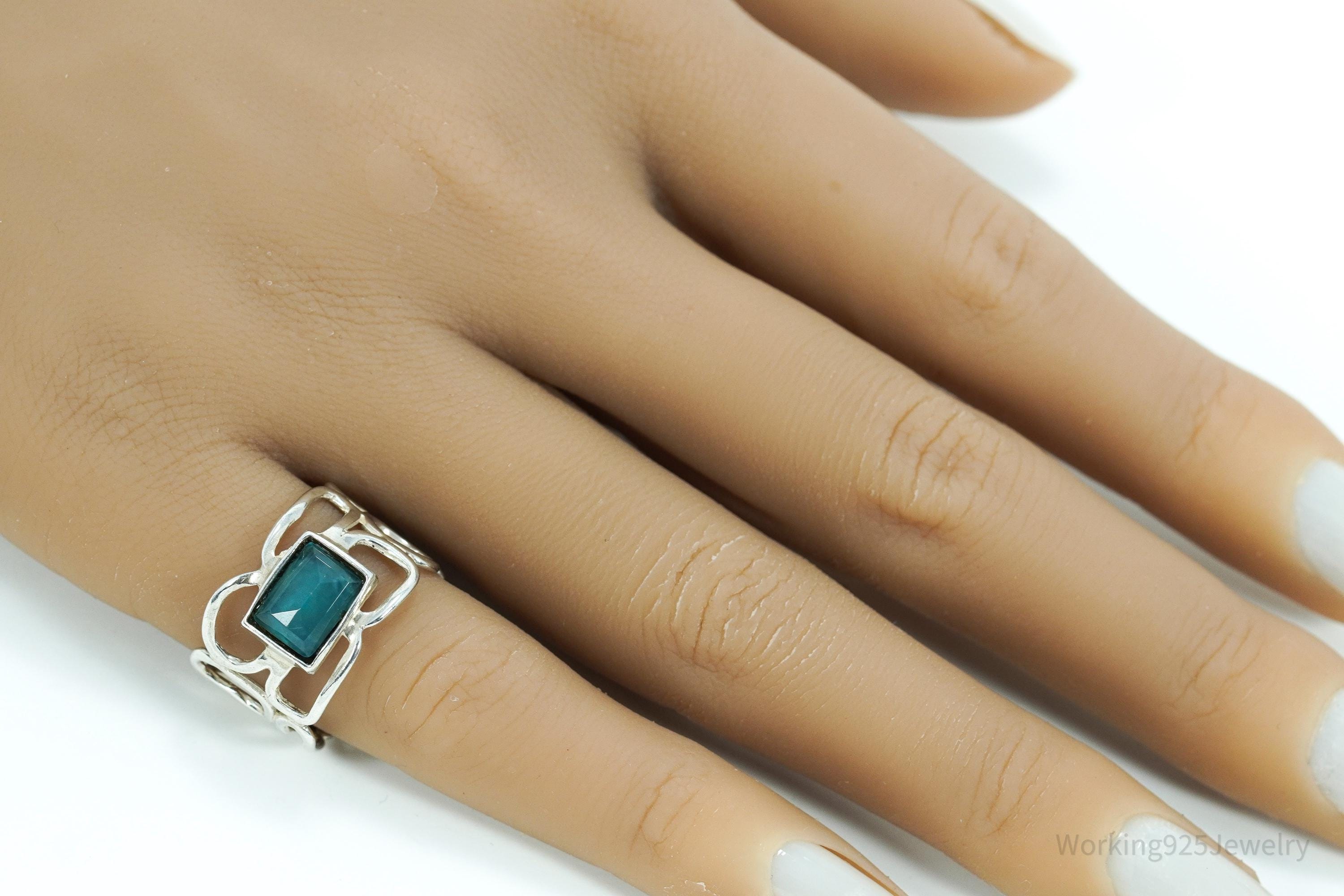 Vintage Teal Chalcedony Modernist Style Sterling Silver Ring - Size 6.75