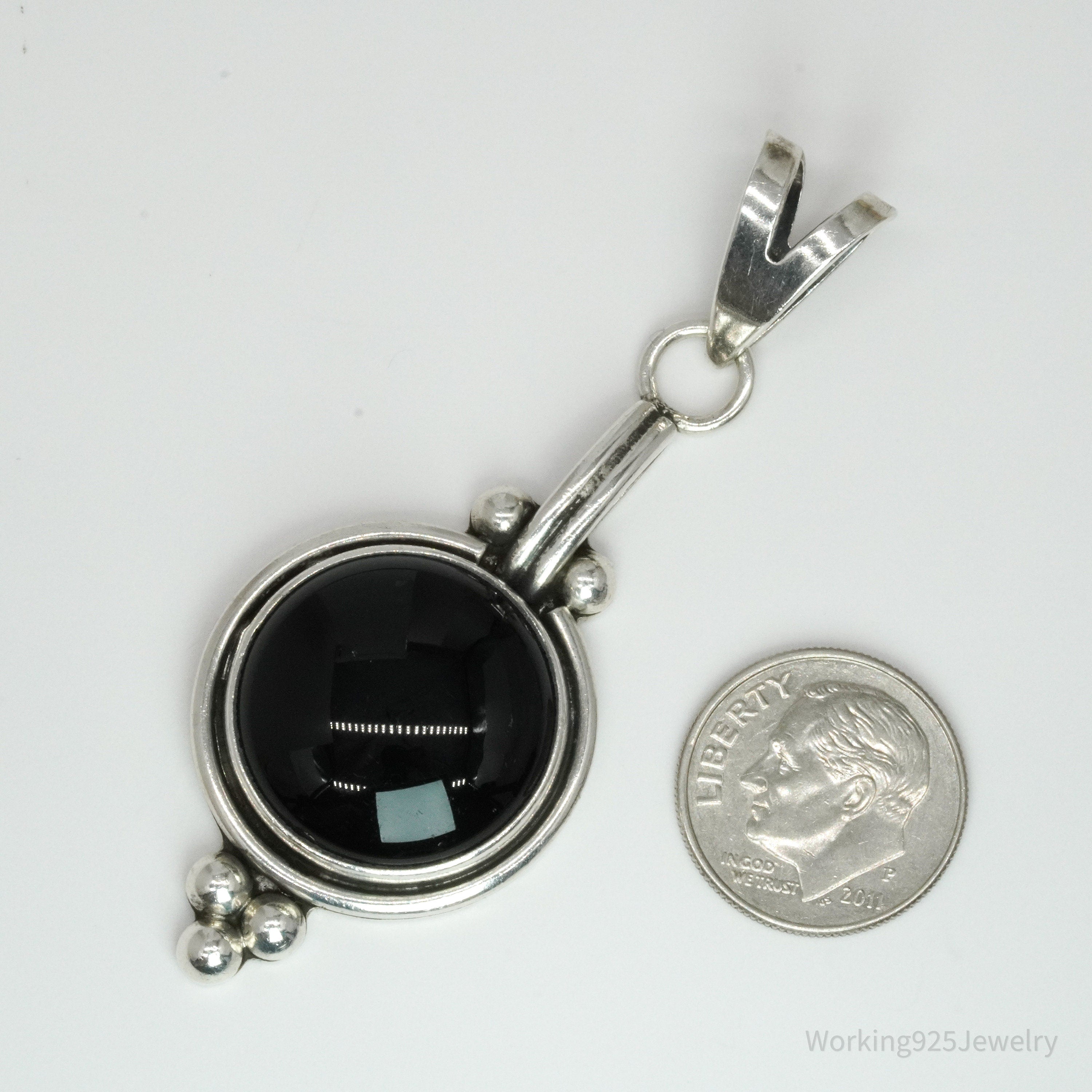 Large Vintage Modernist Black Onyx Sterling Silver Necklace Pendant