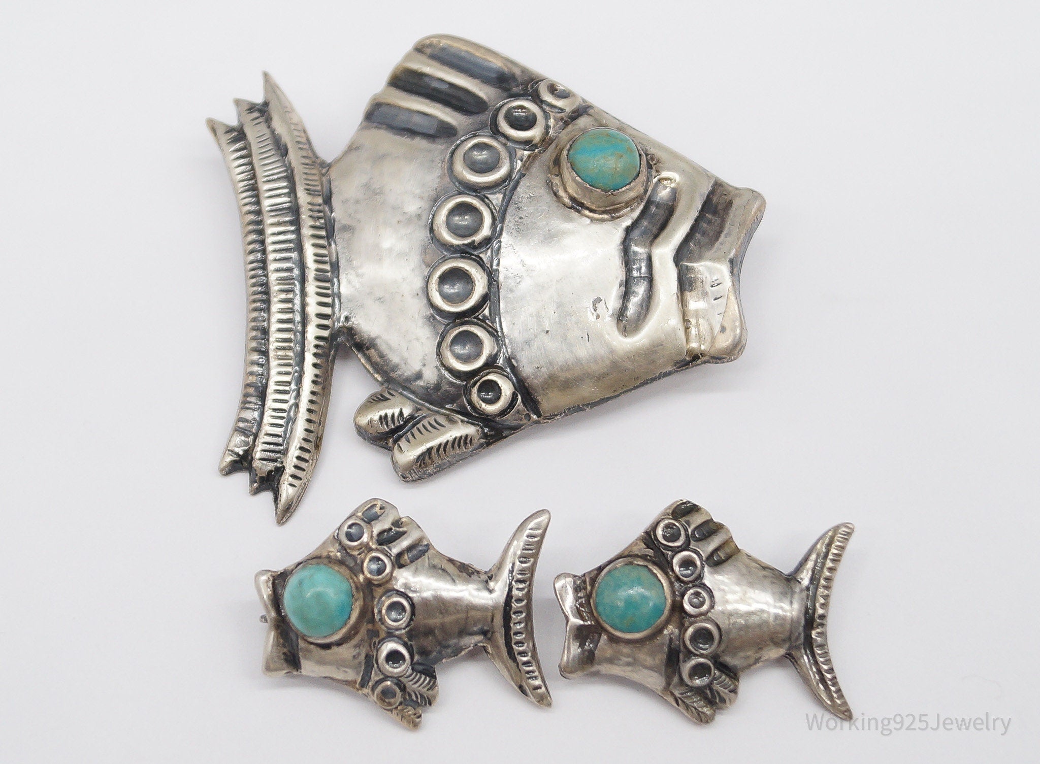 RARE Vintage Mexico Modernist Fish Turquoise Sterling Silver Brooch Pin & Earrings Set