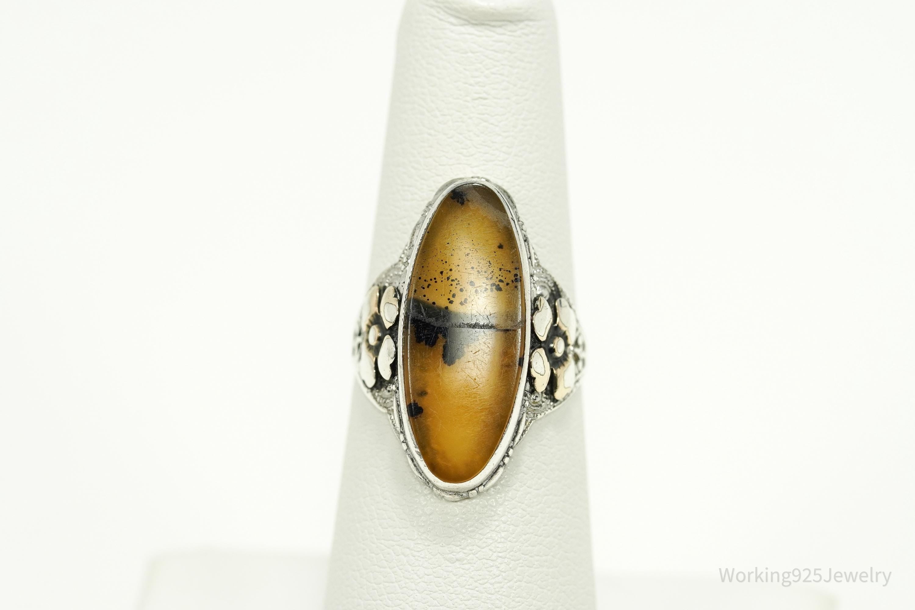 Antique Edwardian Ostby & Barton Agate Sterling Silver Ornate Ring Size 6.25