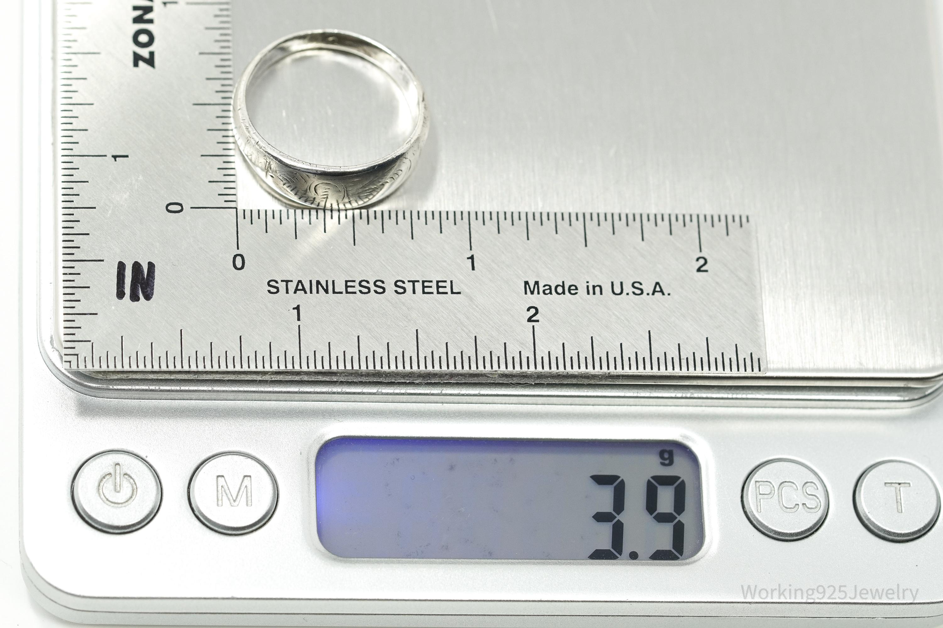 Antique Floral Etched Silver Band Ring - Size 8.25