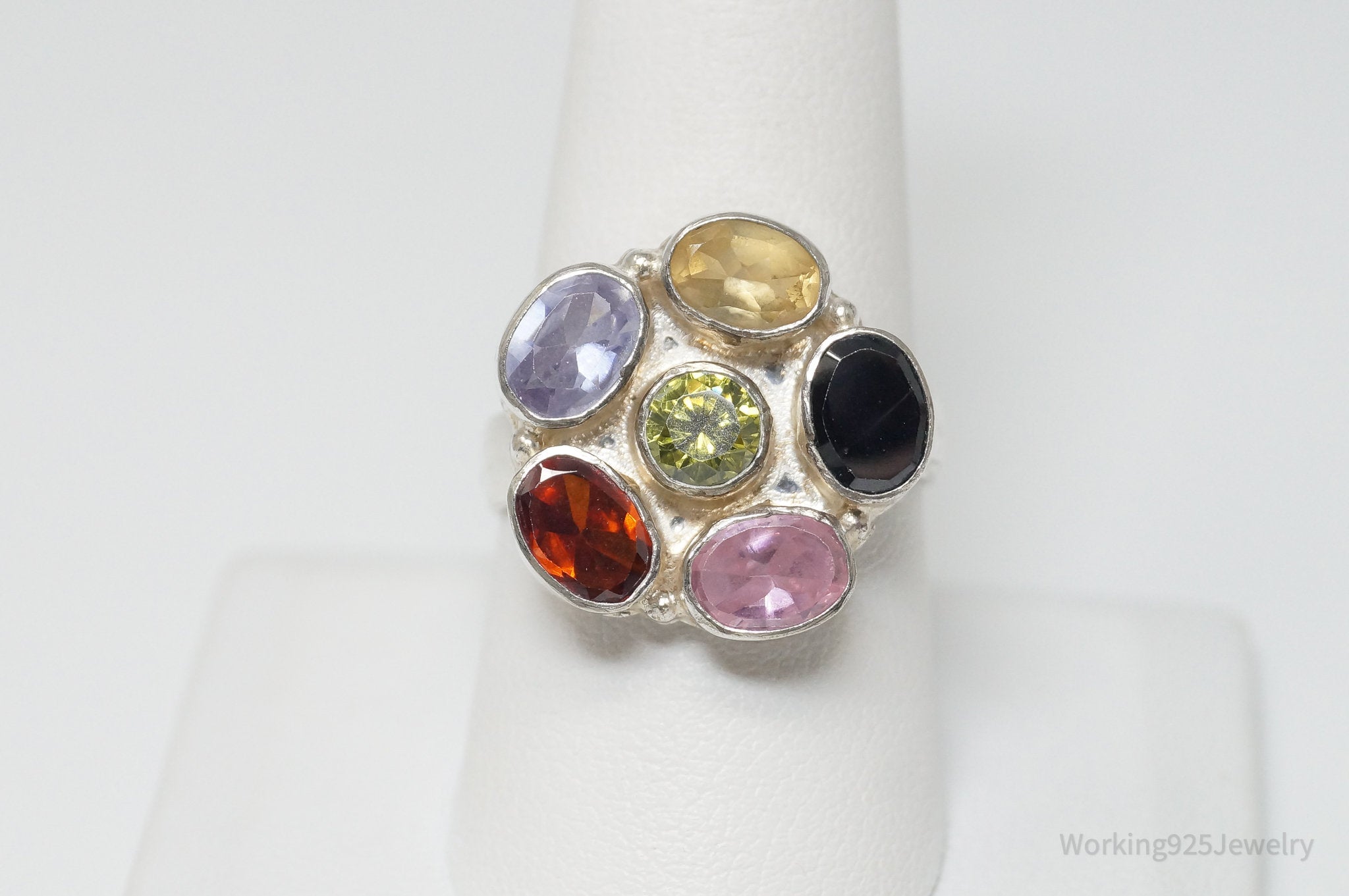 Vintage Multi Gem Sterling Silver Flower Ring - Size 9