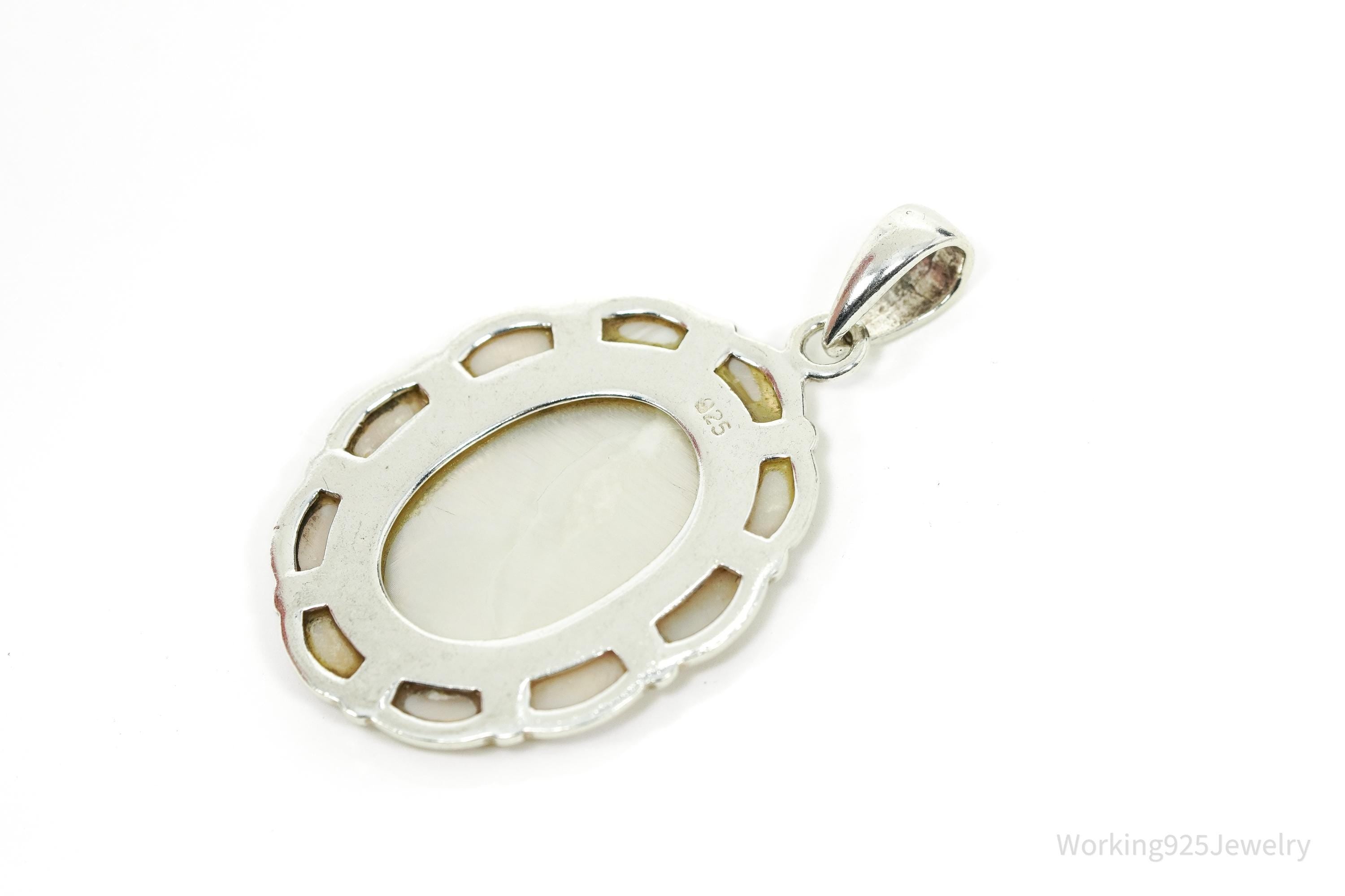 Vintage Large Mother Of Pearl Inlay Sterling Silver Pendant