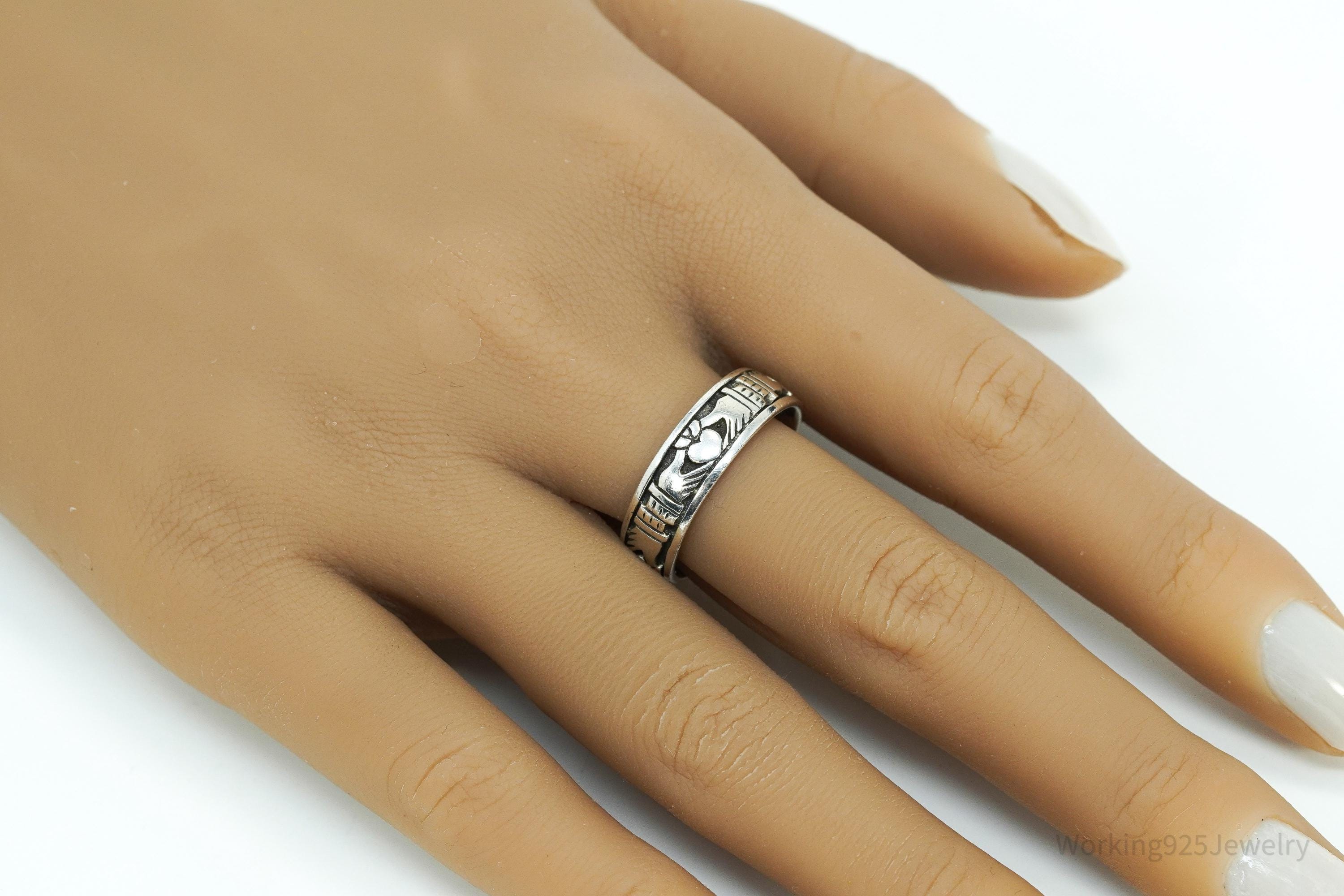 Vintage Claddagh Irish Sterling Silver Band Ring Size 9.5