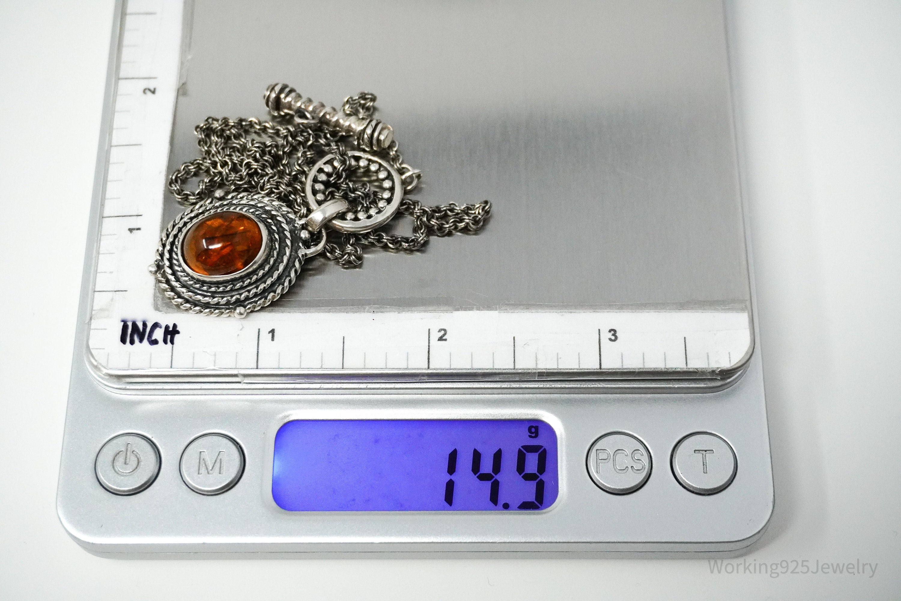 Vintage Amber Sterling Silver Toggle Necklace 18"