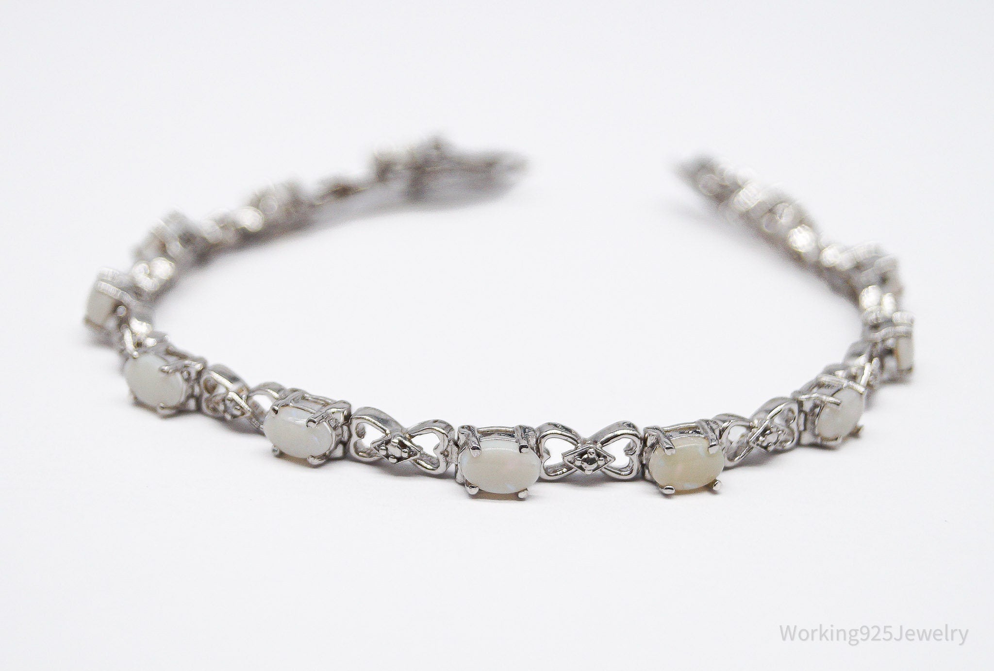 Vintage Opal & 3 Diamonds Sterling Silver Bracelet - 7 7/16"