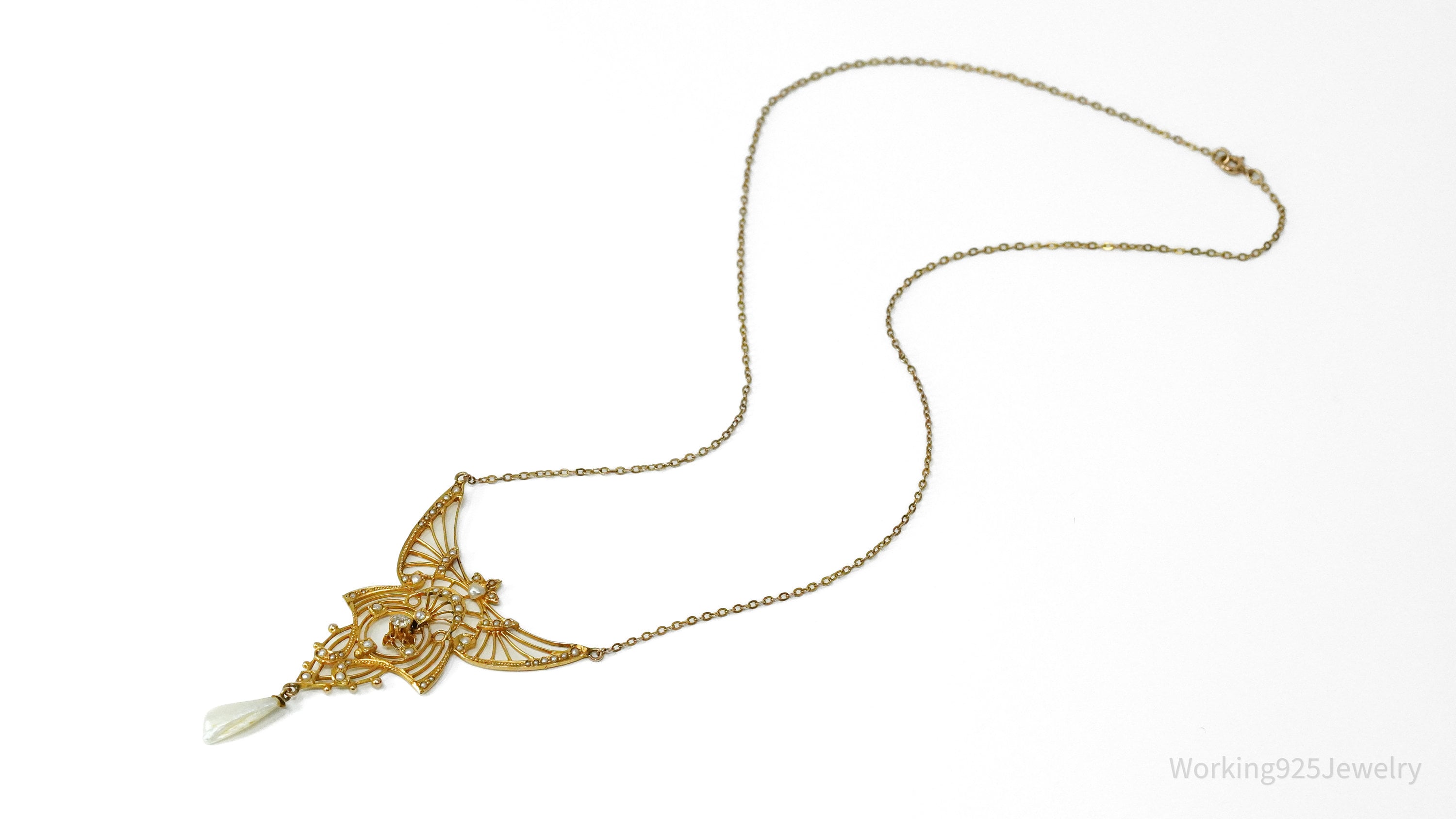 Ornate 14K Yellow Gold, Pearl & Diamond Pendant Necklace - 17"