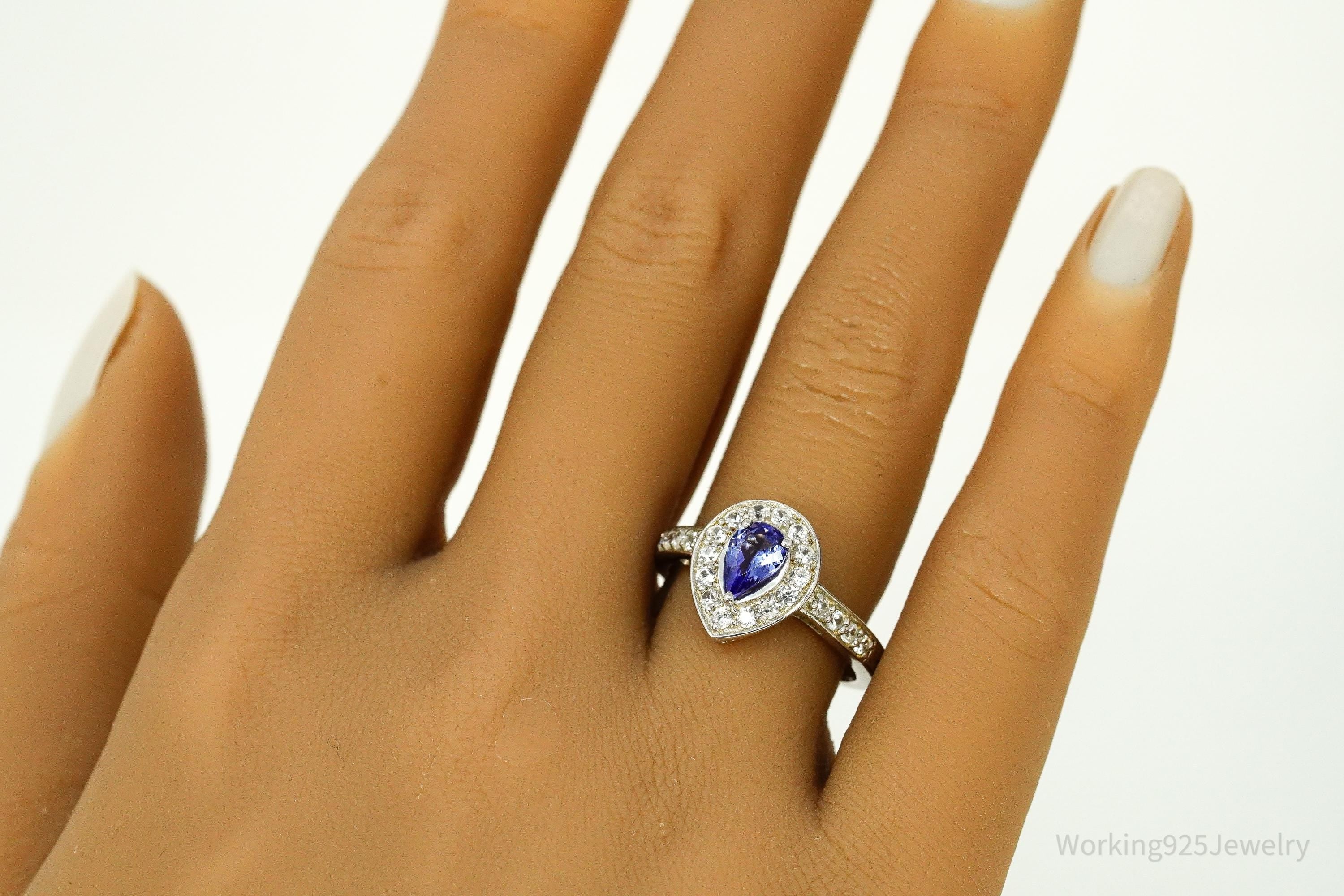 Tanzanite & White Zircon Rhodium Over Sterling Silver Ring - Size 8