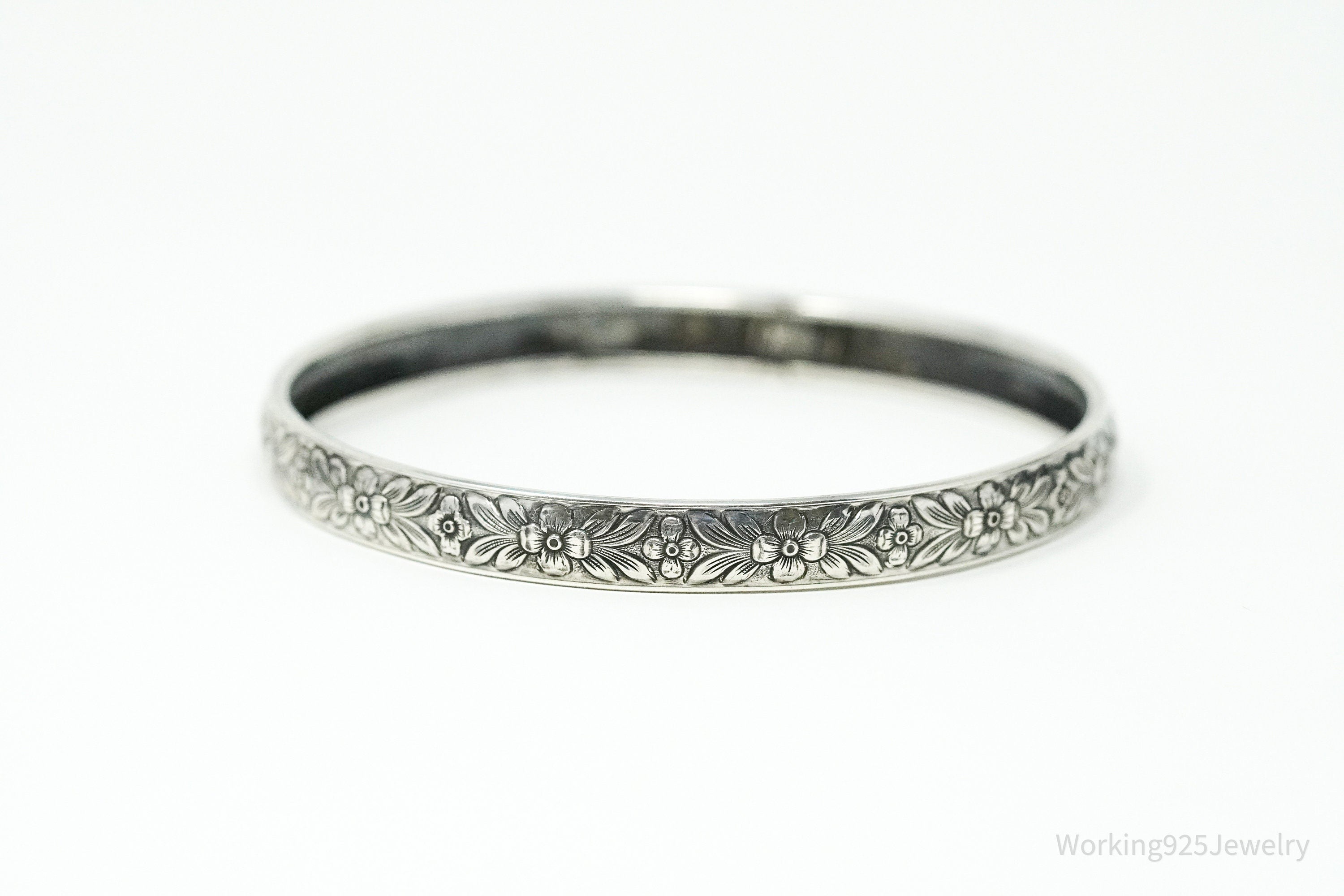 Antique Designer Lang Sterling Silver Floral Bangle Bracelet 8"