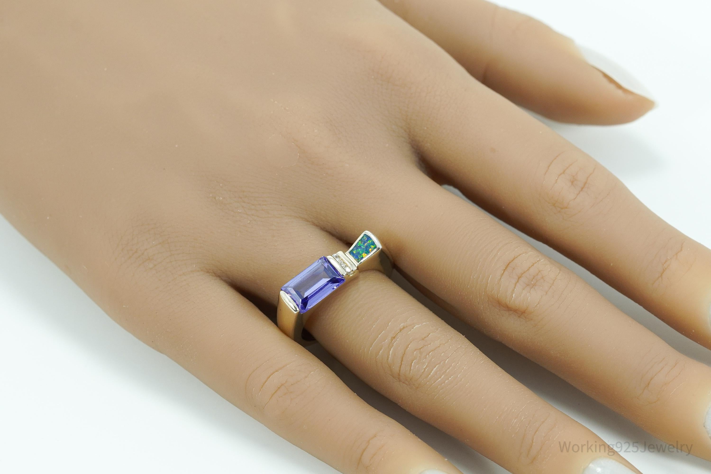 Vintage Designer AK Purple & White CZ Opal Gold Over Sterling Silver Ring - Size 8