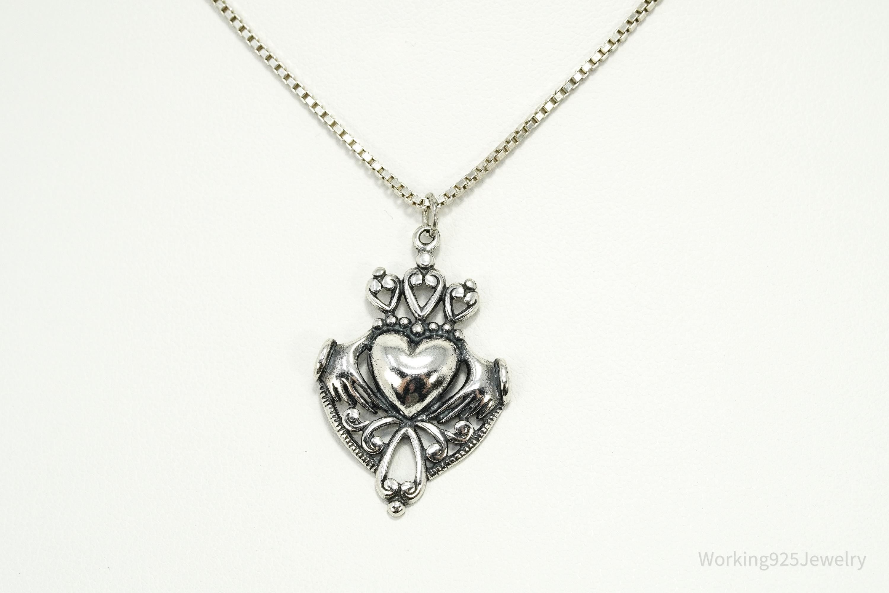 Vintage Claddagh Irish Heart Sterling Silver Necklace 18"
