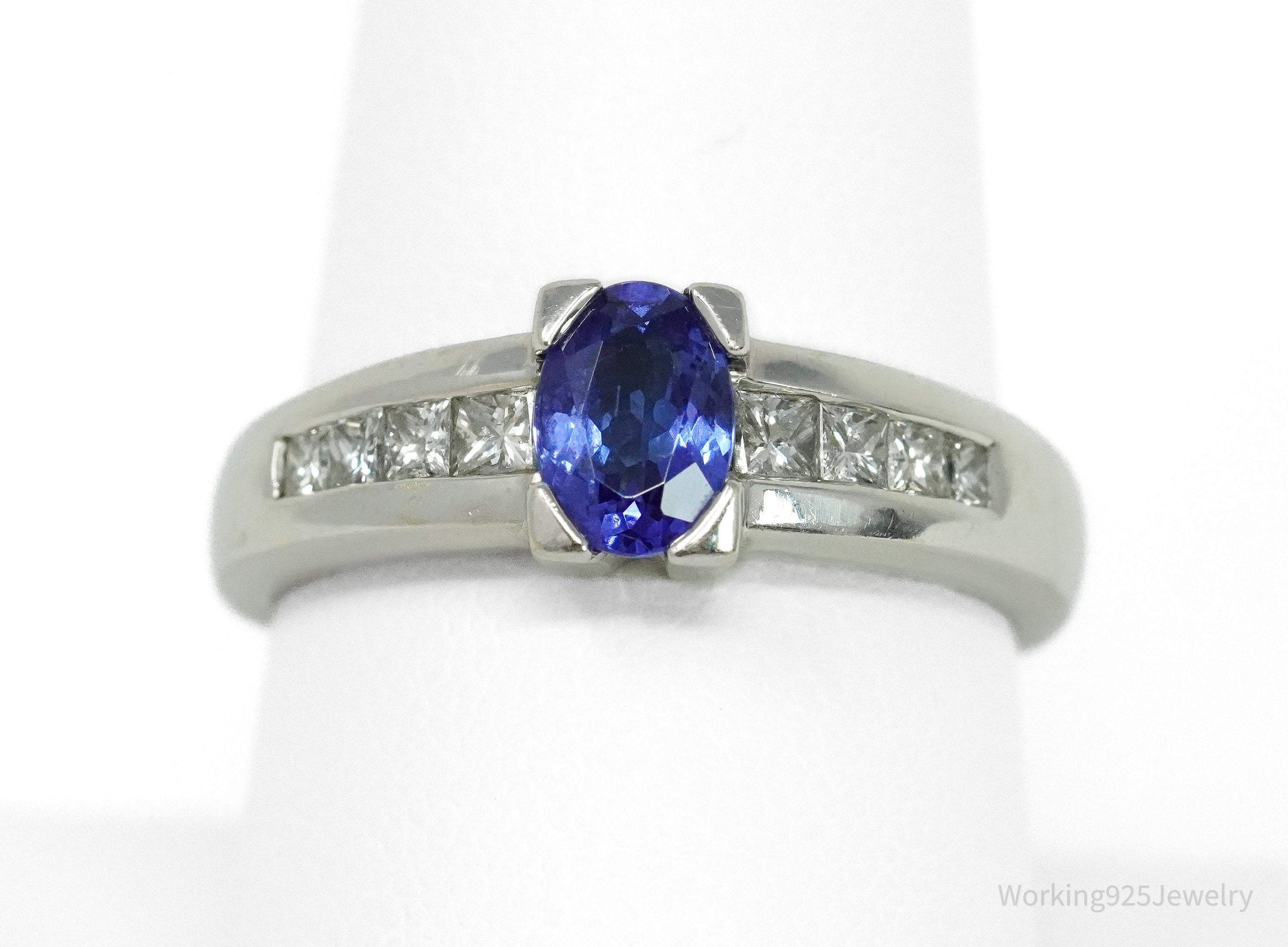 14K White Gold, Diamond & Oval Tanzanite Cocktail Ring - Size 9