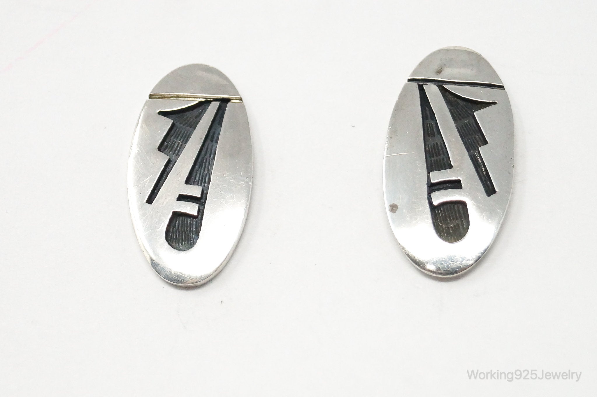 Vintage Native American Etched Symbols Stud Sterling Silver Earrings