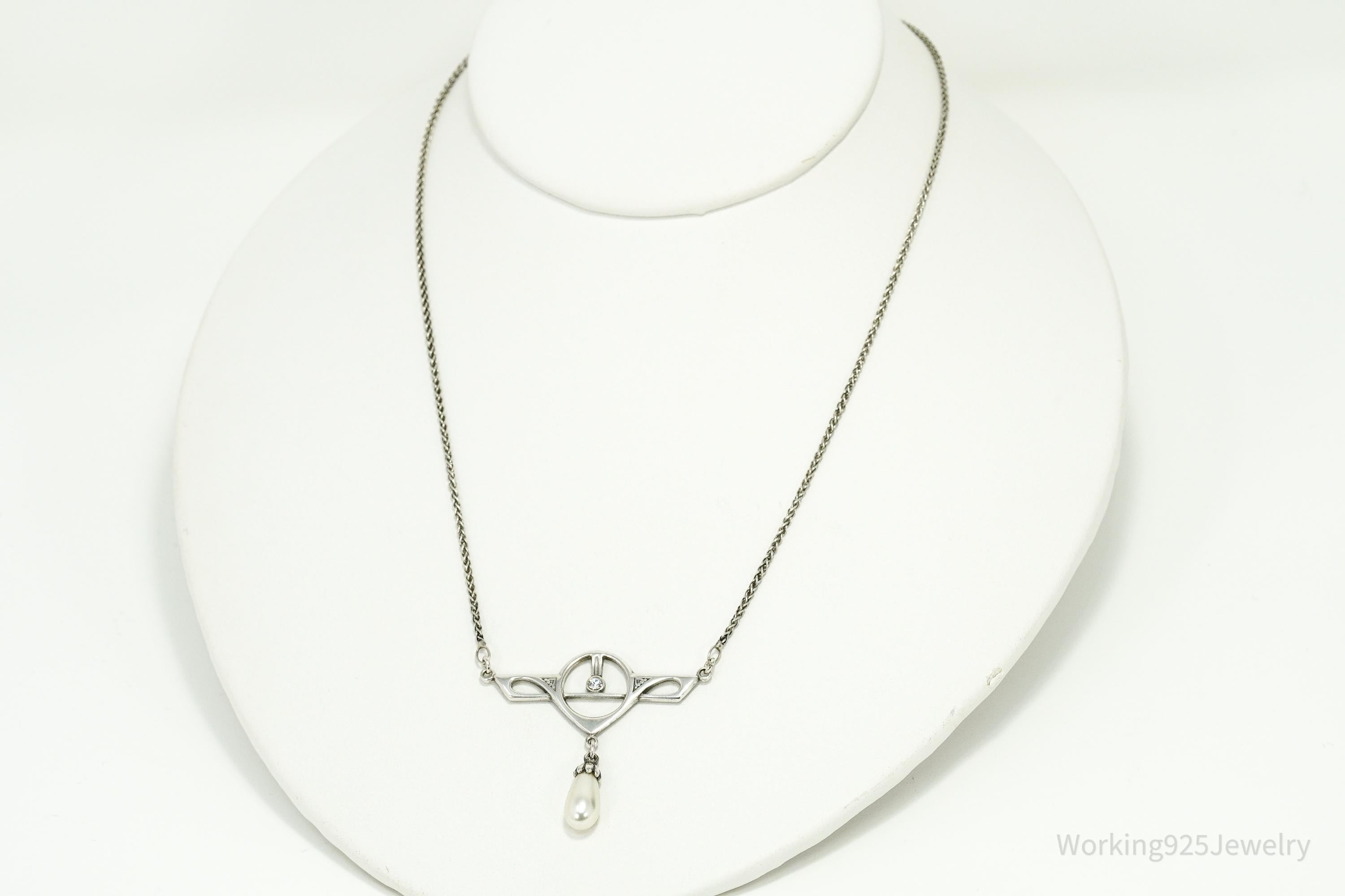 Vintage Art Nouveau Style Pearl & Swarovski Crystal Sterling Silver Necklace 15"