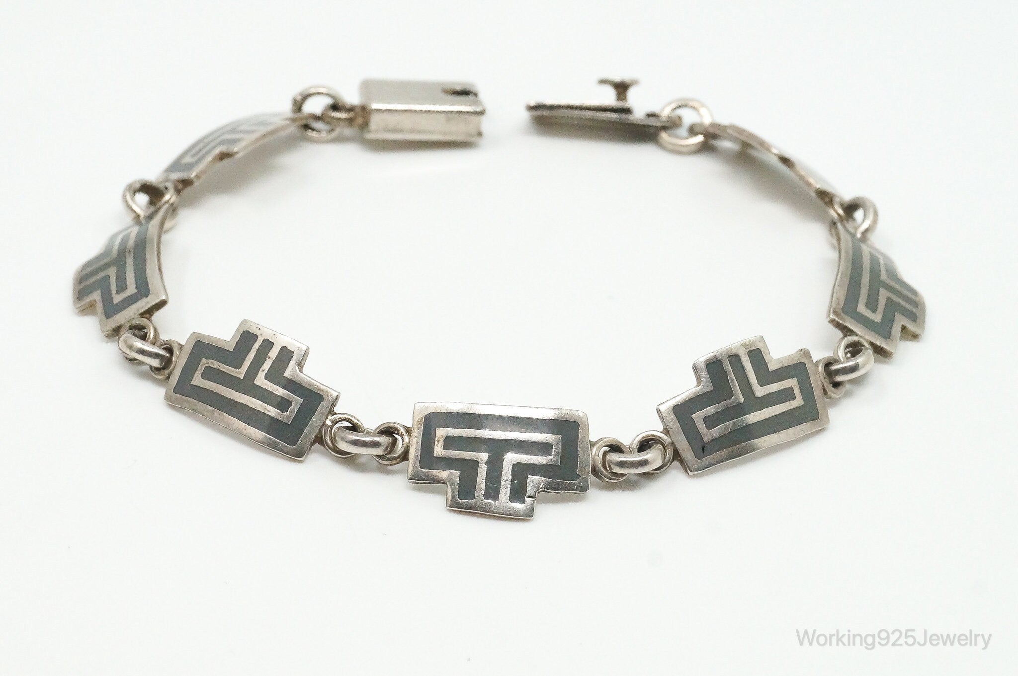 Vintage Mexico Enamel Modernist 970 Silver Bracelet