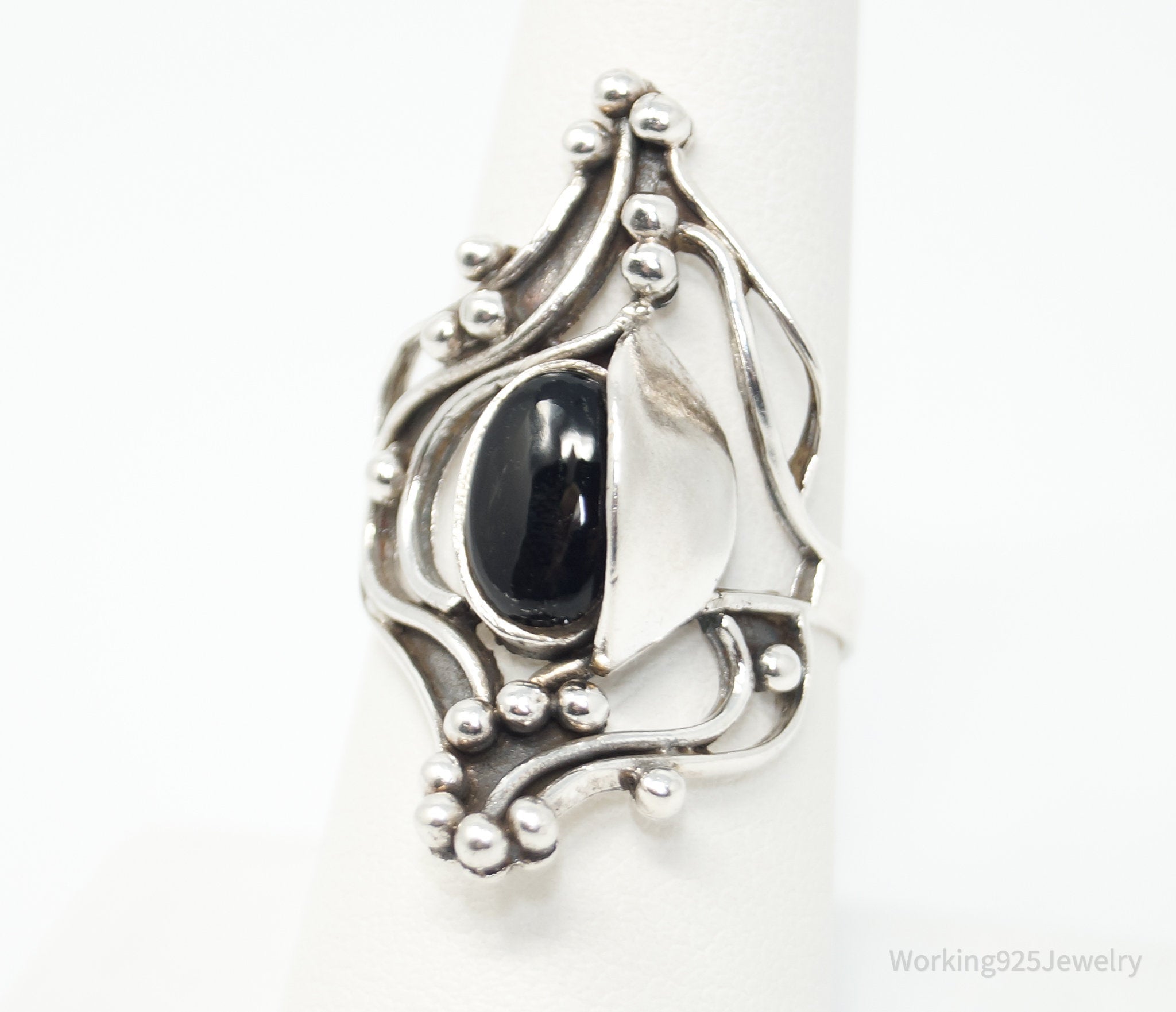 Vintage Modernist Black Onyx Intricate Sterling Silver Ring - Size 7.75