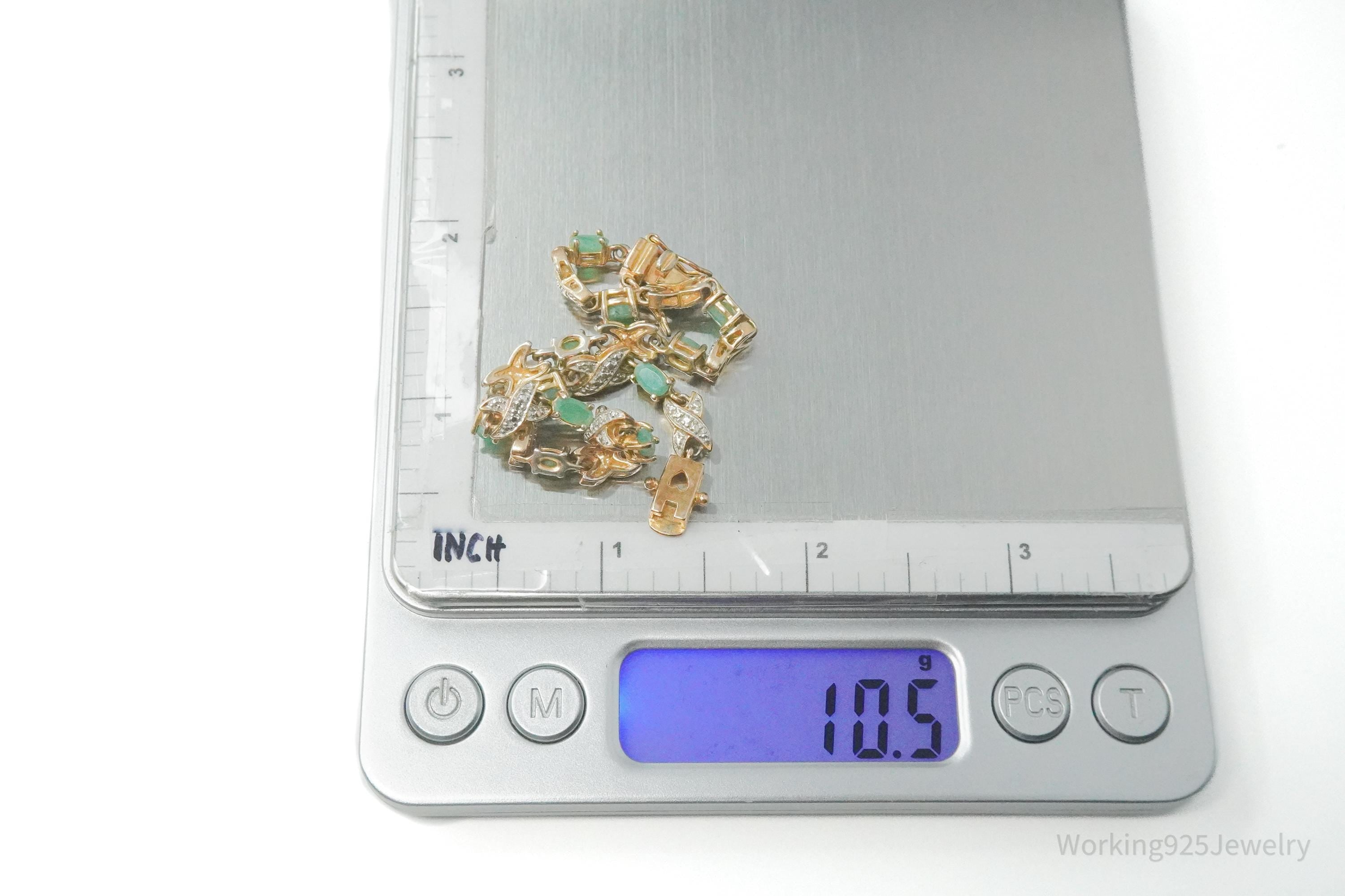 VTG Ross Simons Emerald & One Diamond 18K Gold Vermeil Sterling Silver Bracelet 7.75"