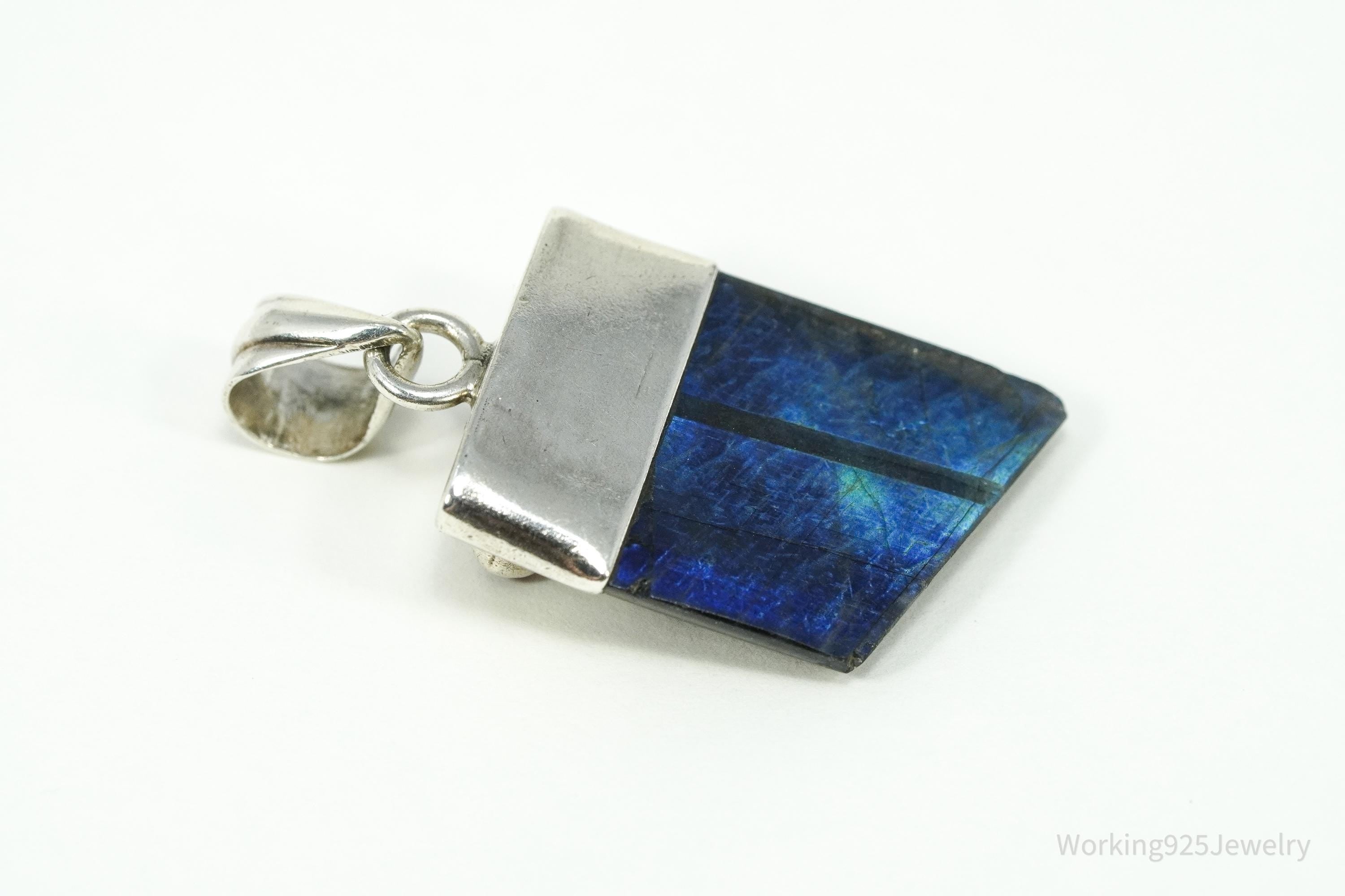 Vintage Labradorite & Garnet Sterling Silver Necklace Pendant 1 5/8"