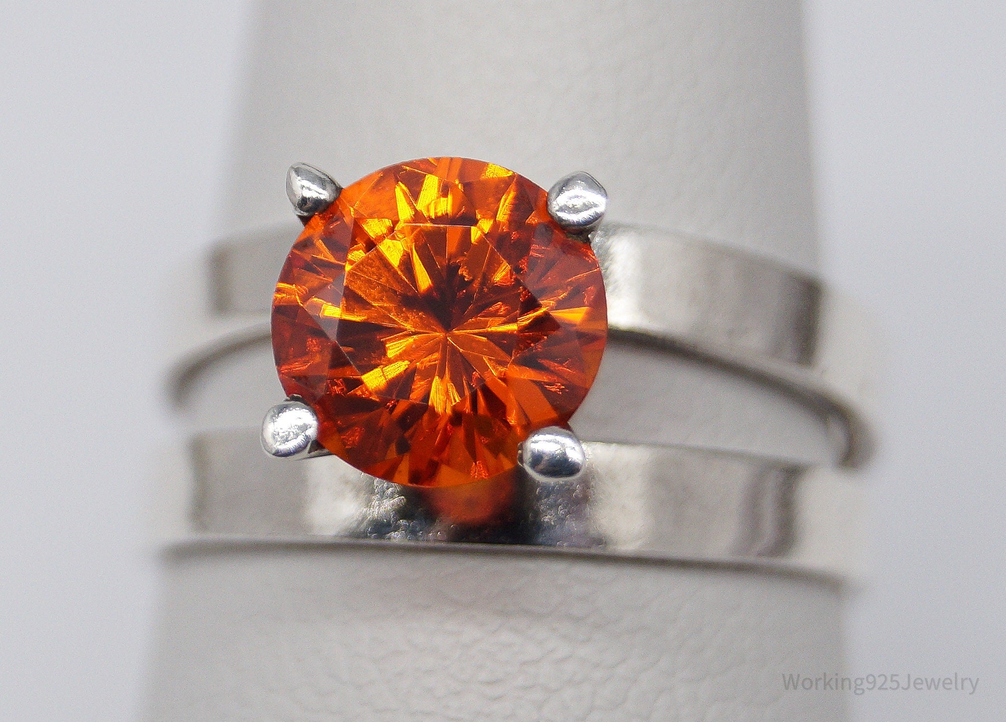 Vintage Orange Glass Fire Stone Modernist Mexico Sterling Silver Ring - Size 7.25