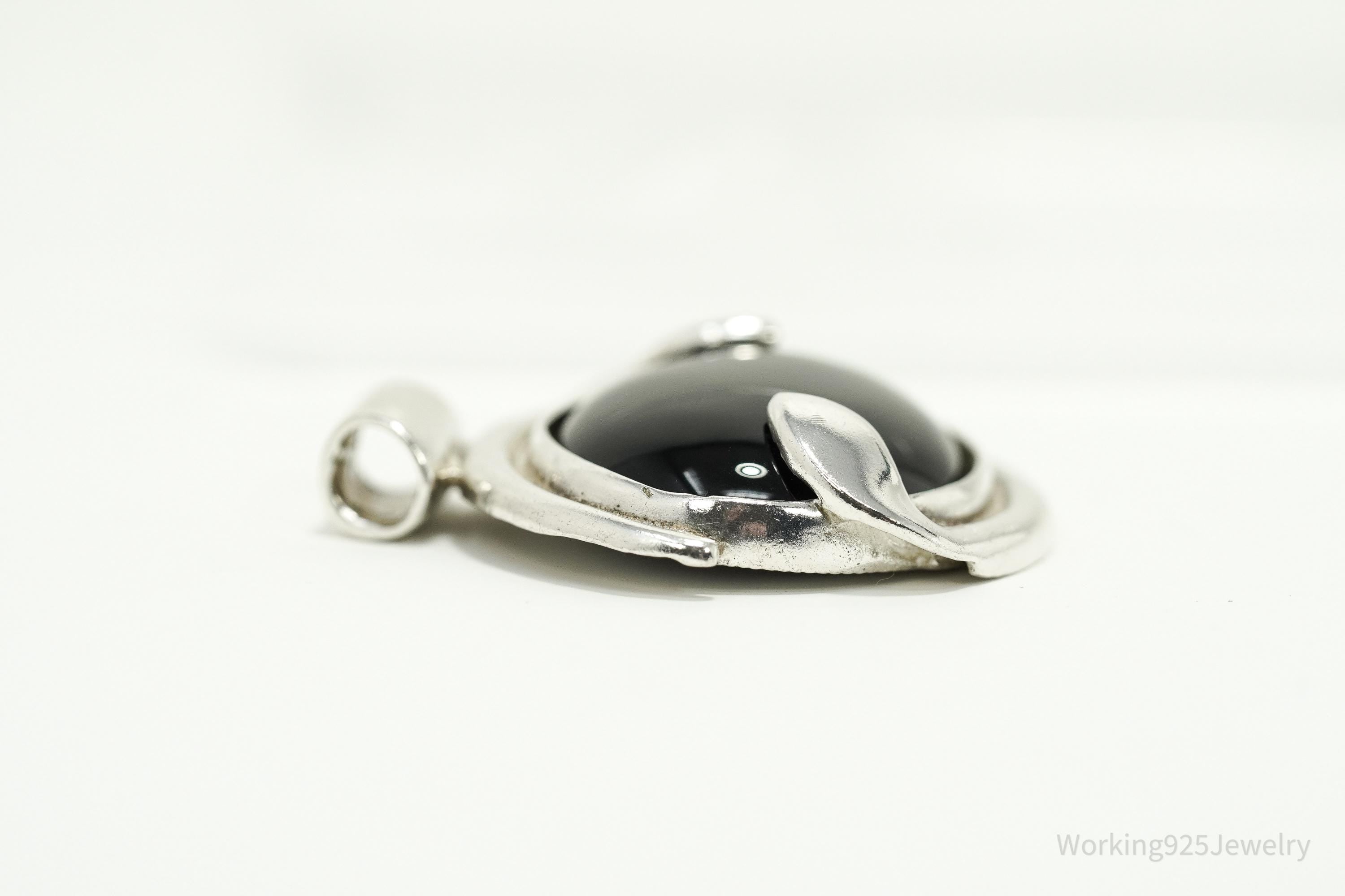 Large Vintage Modernist Style Black Onyx Sterling Silver Necklace Pendant 1.5"